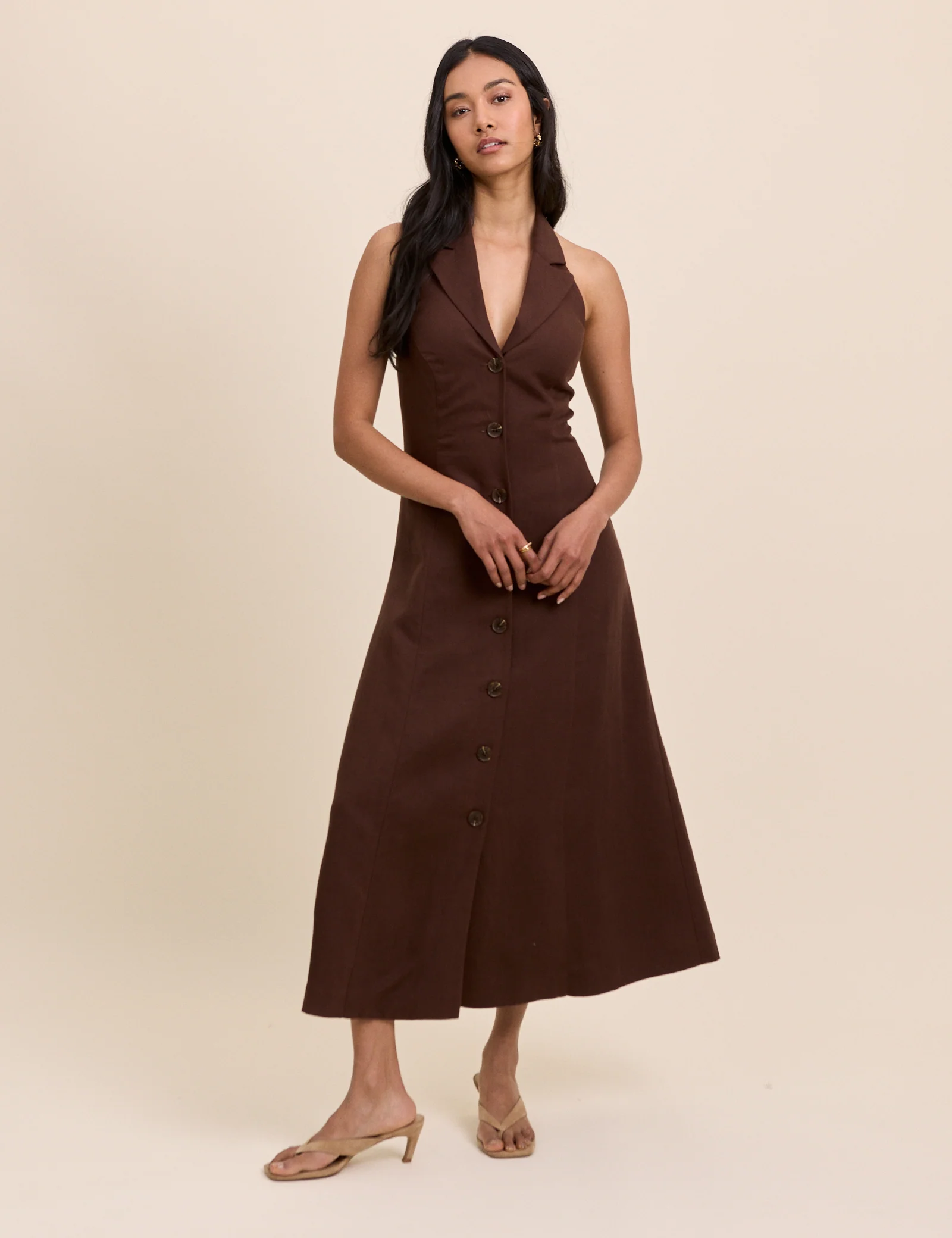 Brown Halterneck Tailored Midi Dress