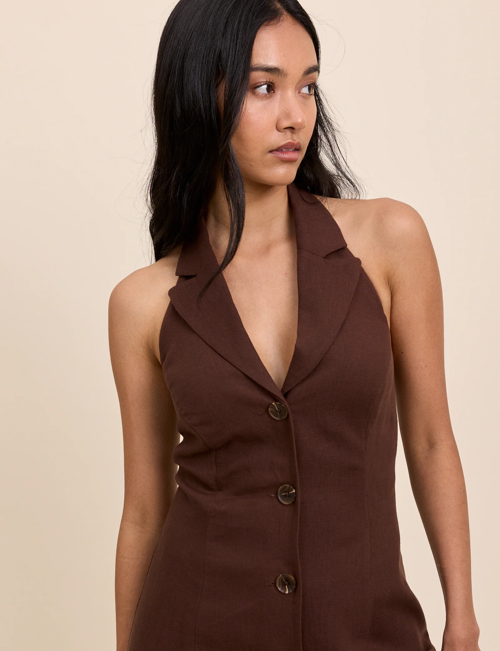 Brown Halterneck Tailored Midi Dress - Image 2