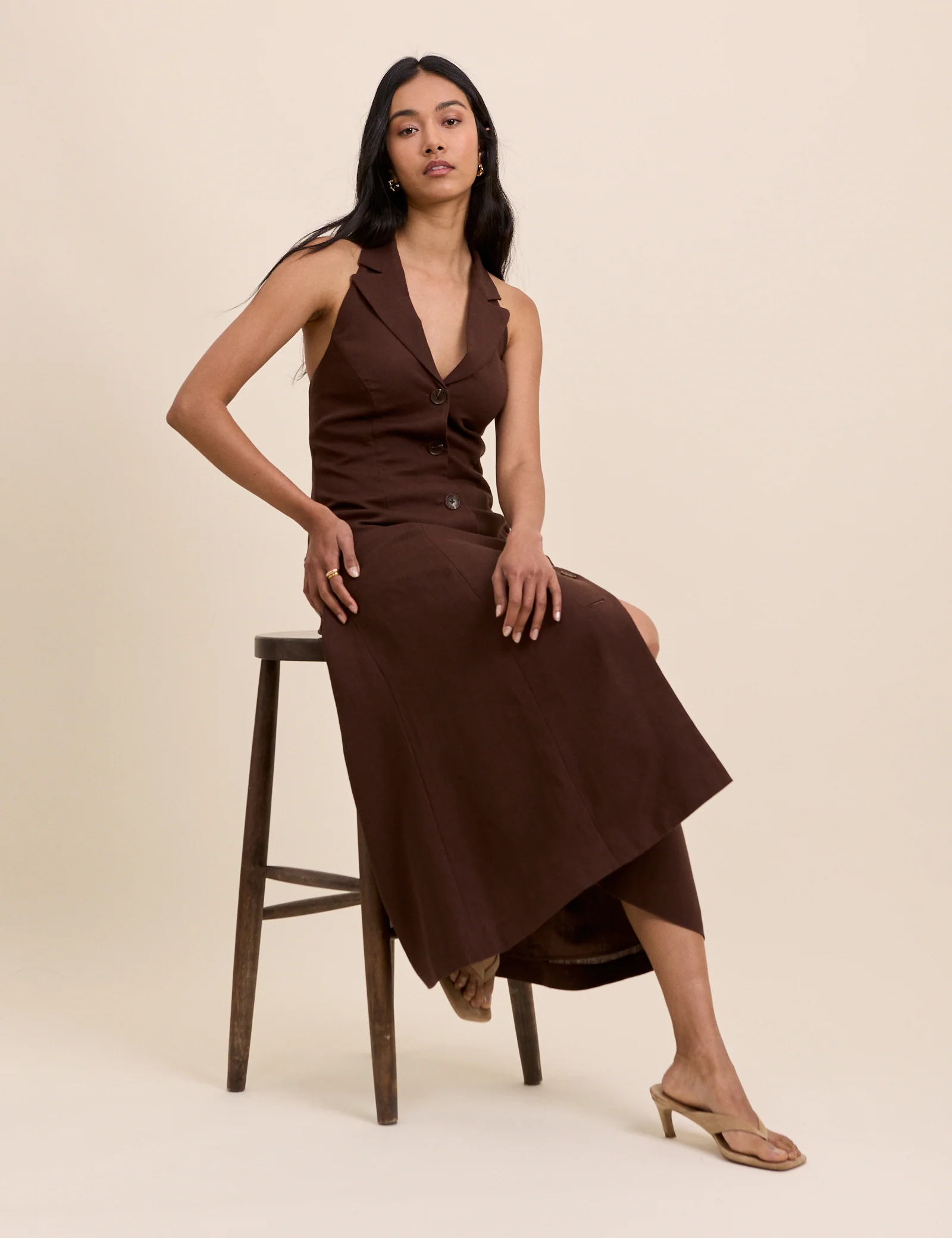 Brown Halterneck Tailored Midi Dress - Image 4