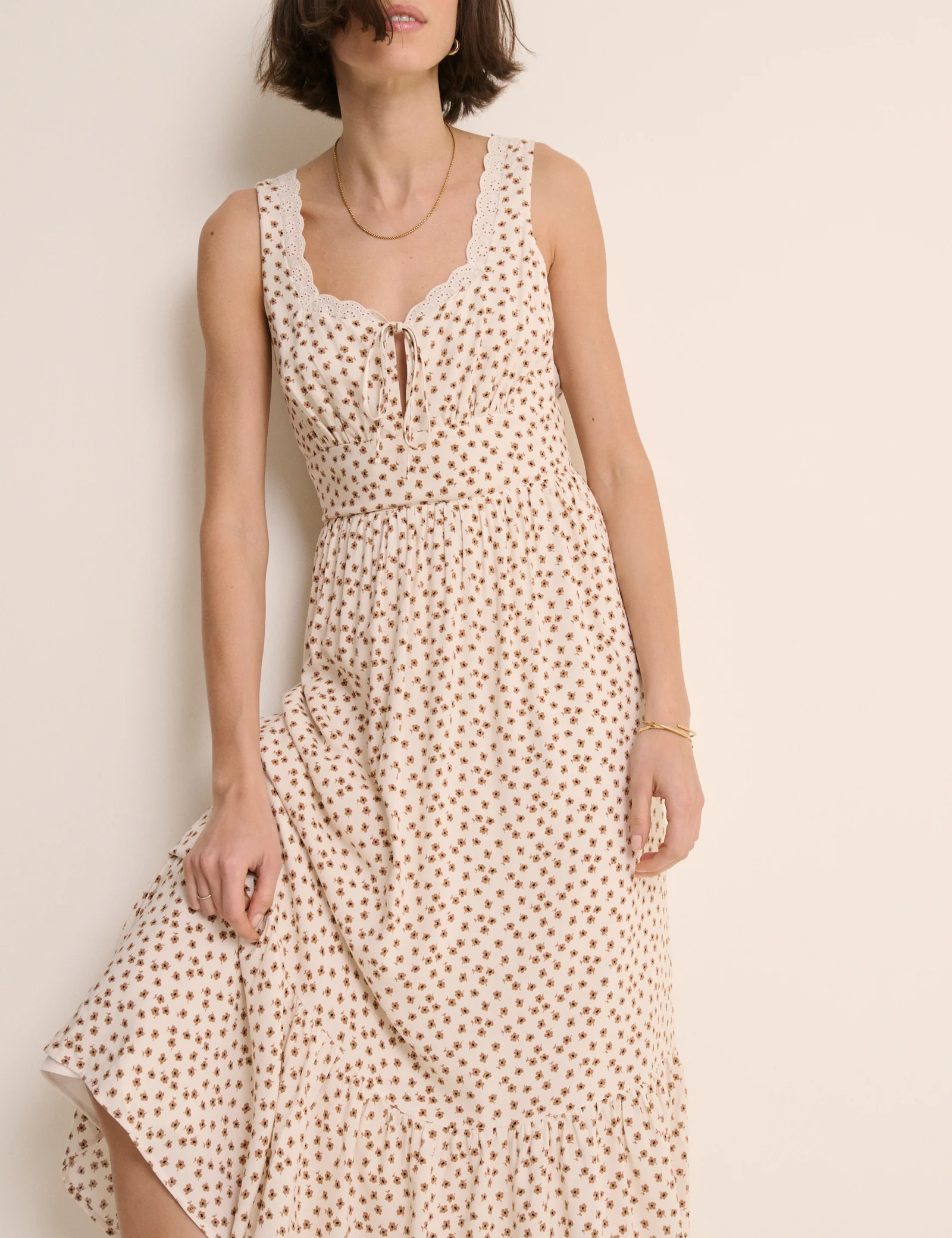 Ivory Ditsy Floral Lace Trim Heather Midi Dress - Image 5