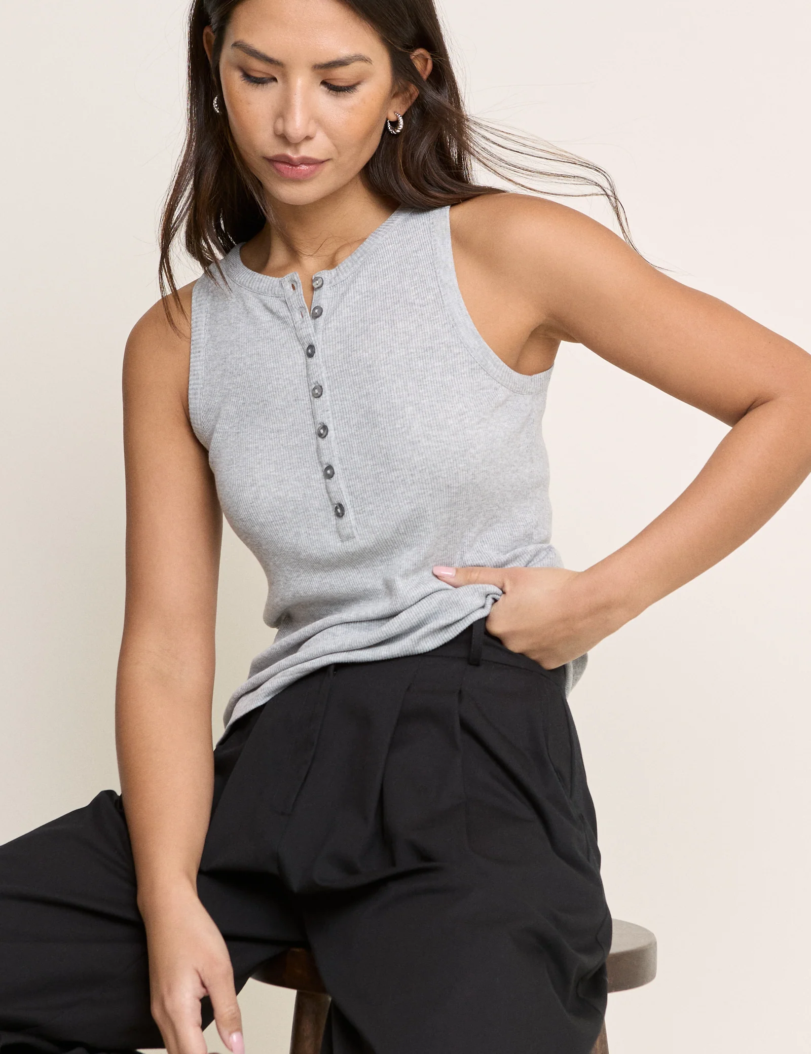 Grey Ribbed Modal Henley Vest - Image 4