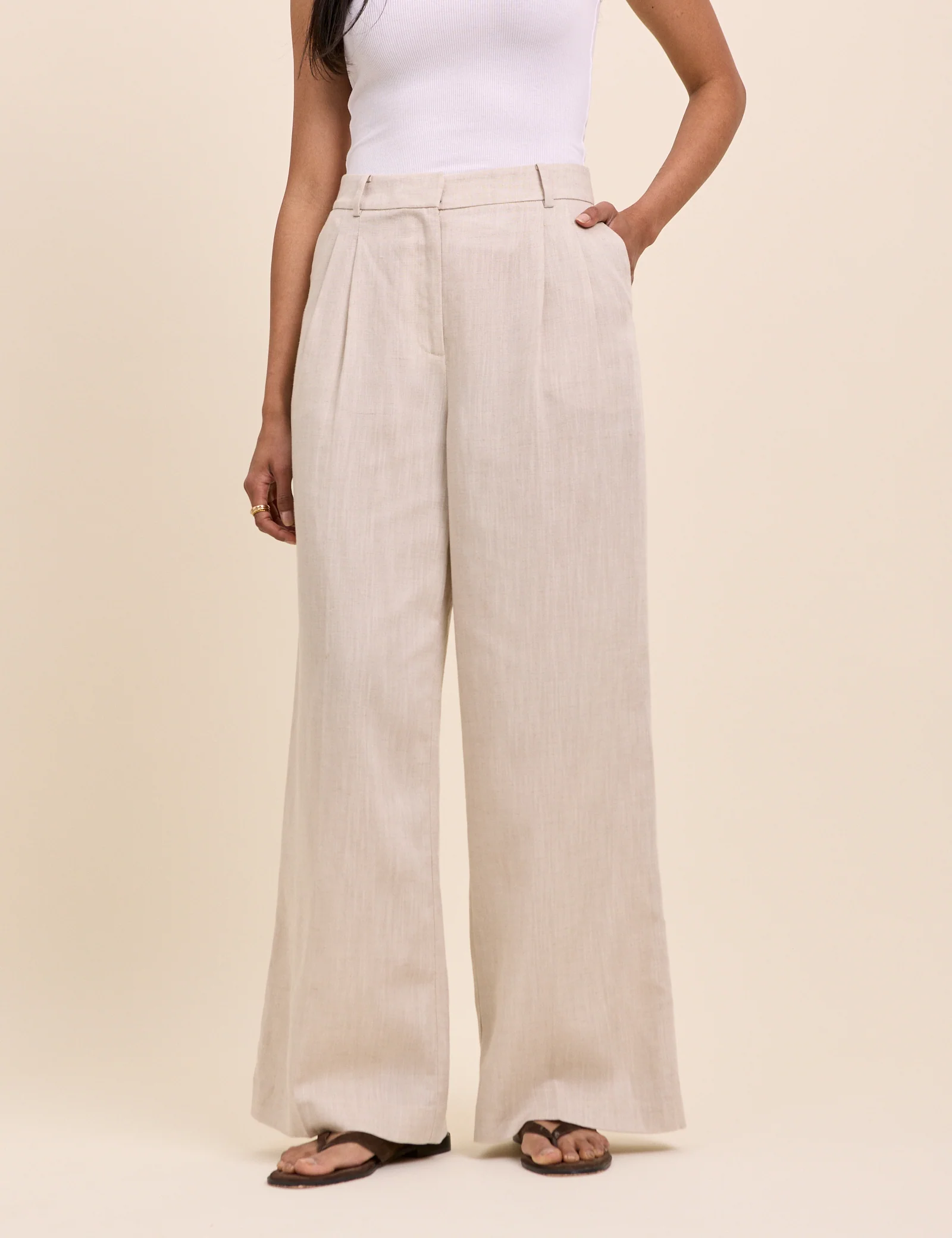 Stone Linen-Blend Jax Wide Leg Trousers