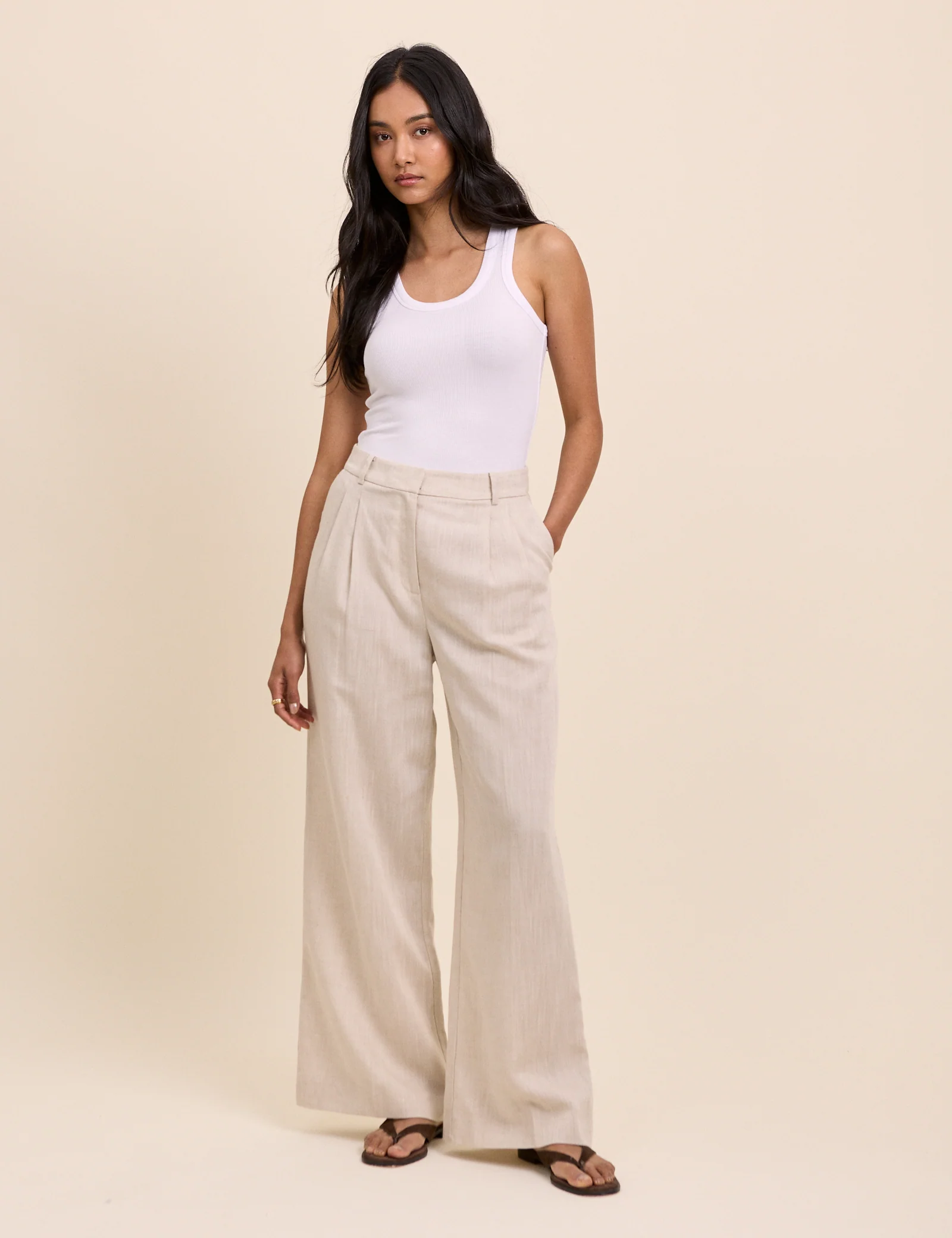 Stone Linen-Blend Jax Wide Leg Trousers - Image 2