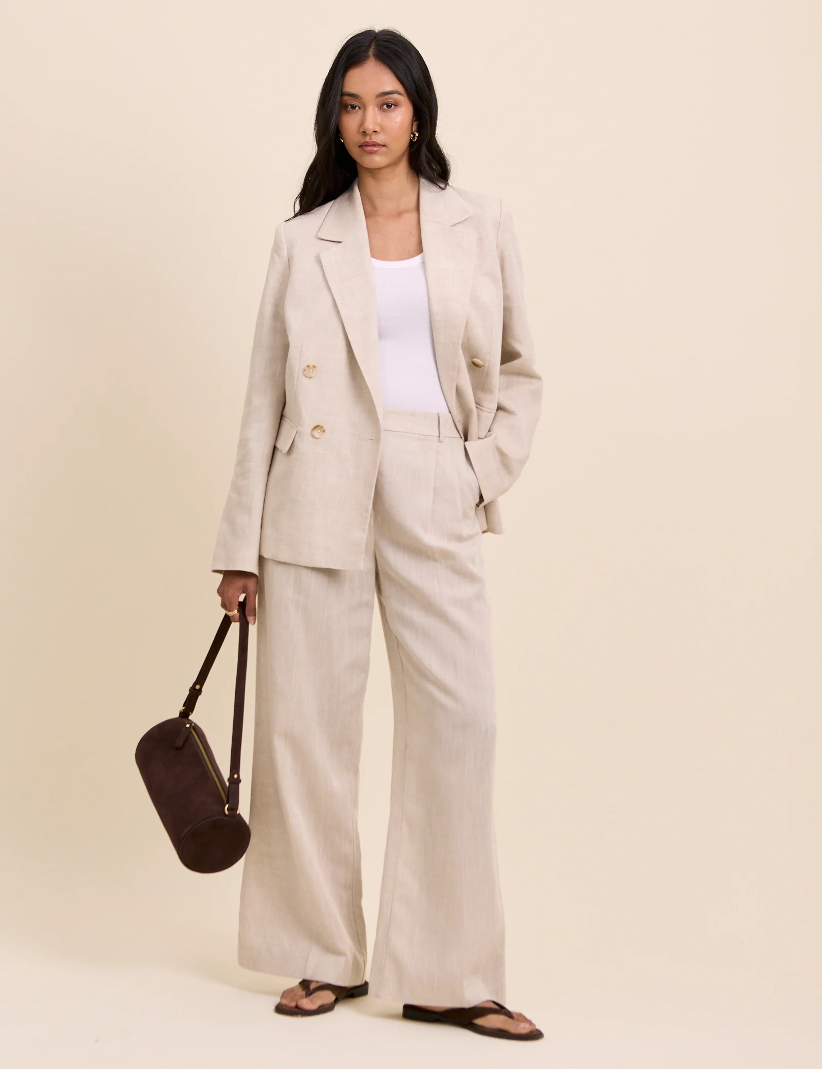 Stone Linen-Blend Jax Wide Leg Trousers - Image 4
