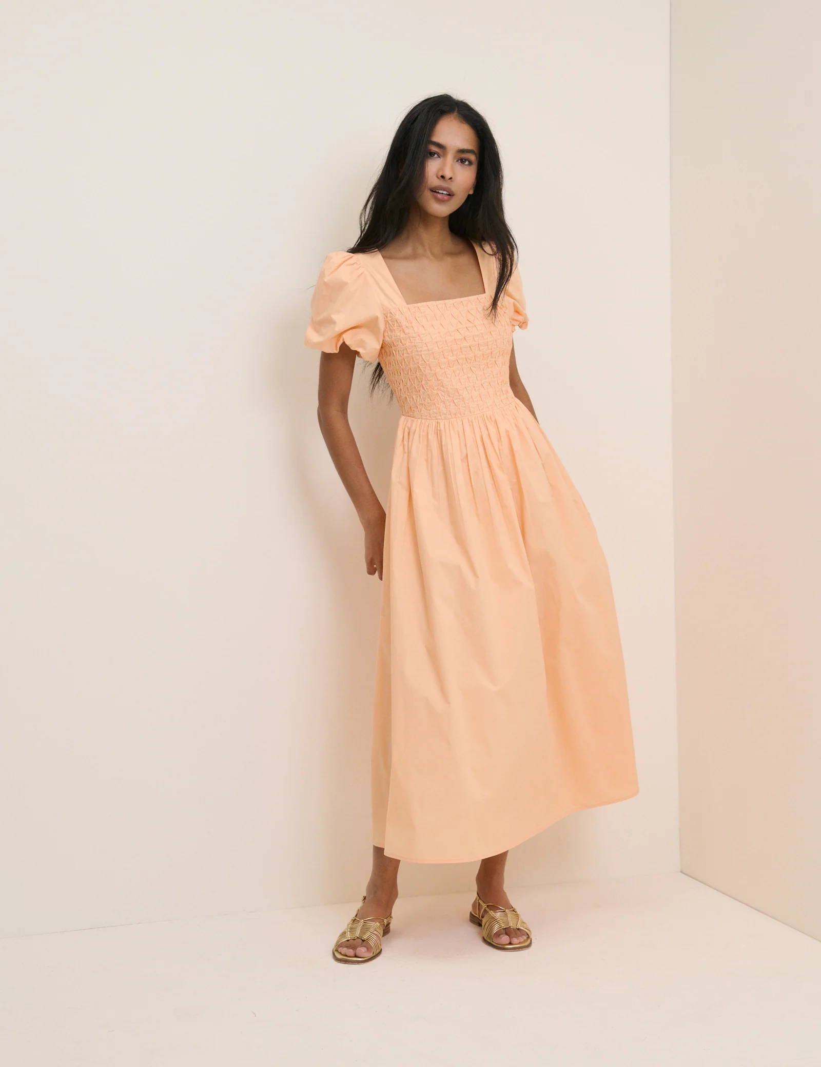 Peach Puff Sleeve Ida Midi Dress