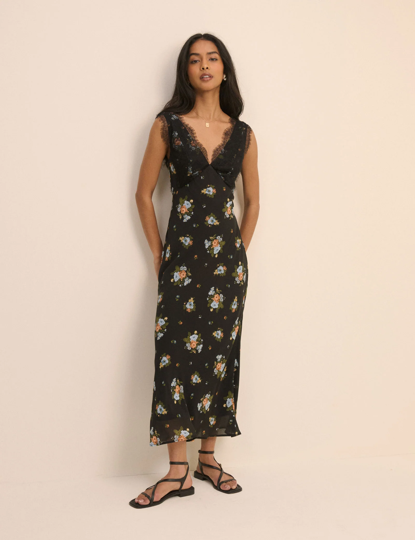 Black Floral Lace Trim Indy Midi Dress - Image 4