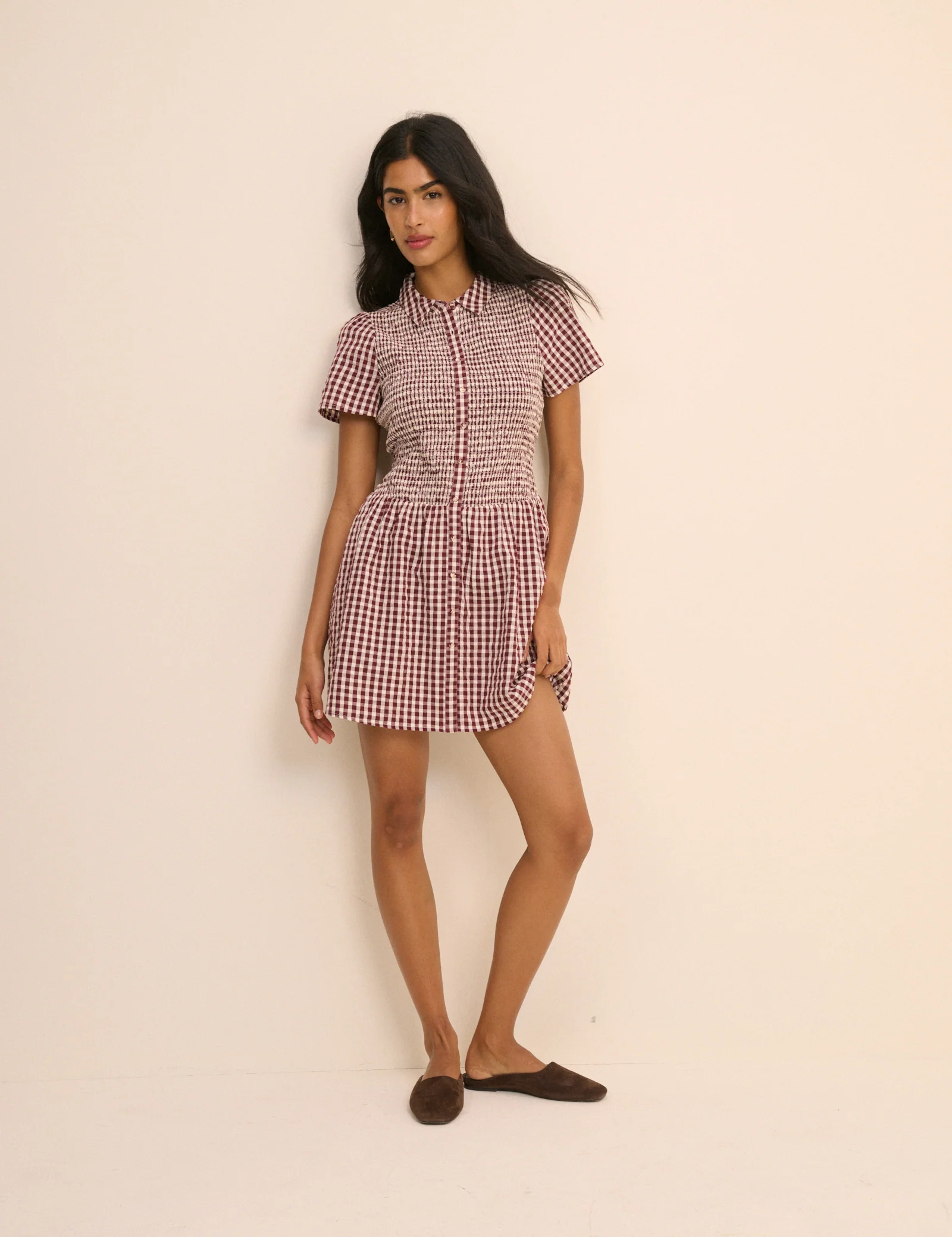 Burgundy Gingham Shirred Ioni Mini Dress