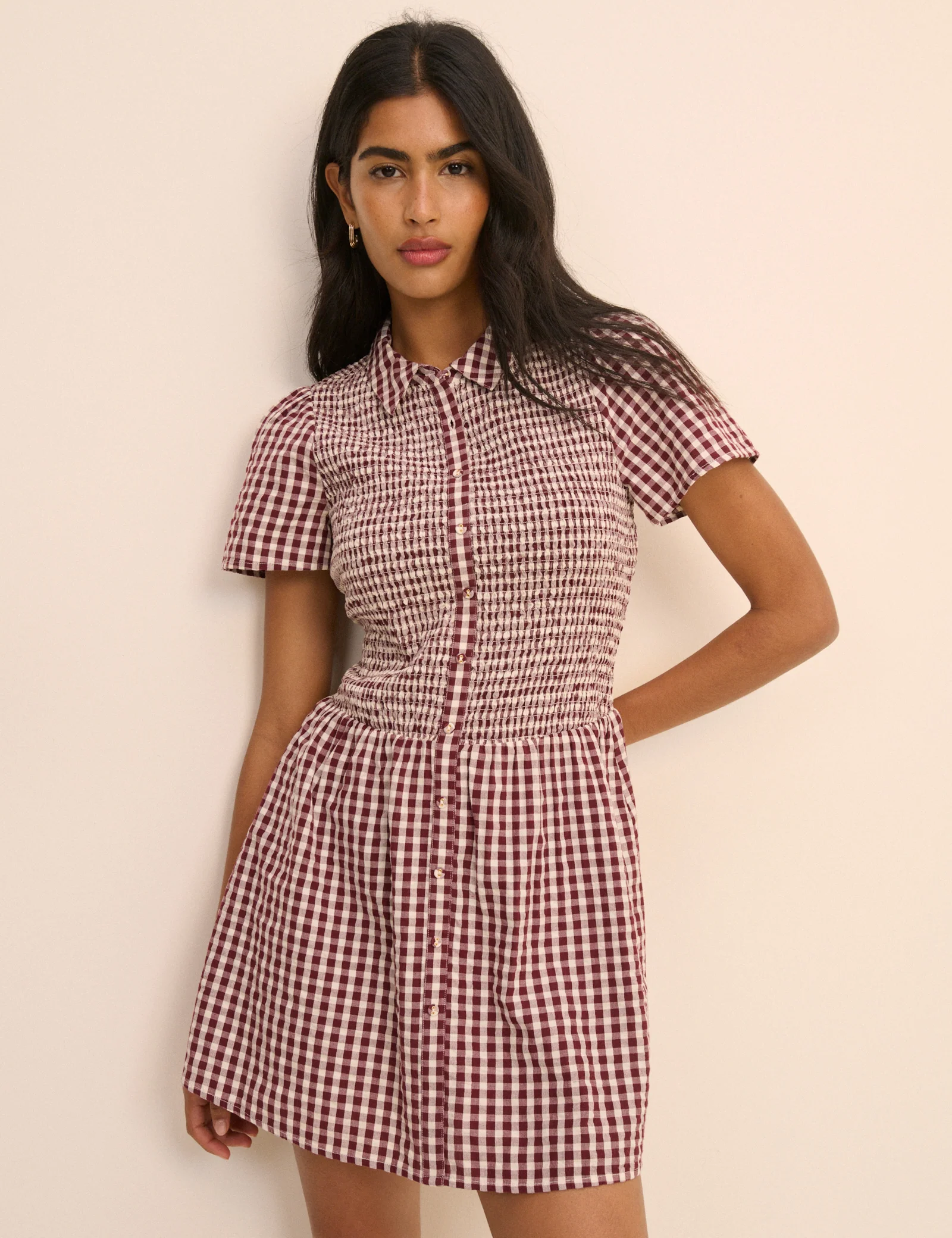 Burgundy Gingham Shirred Ioni Mini Dress - Image 2