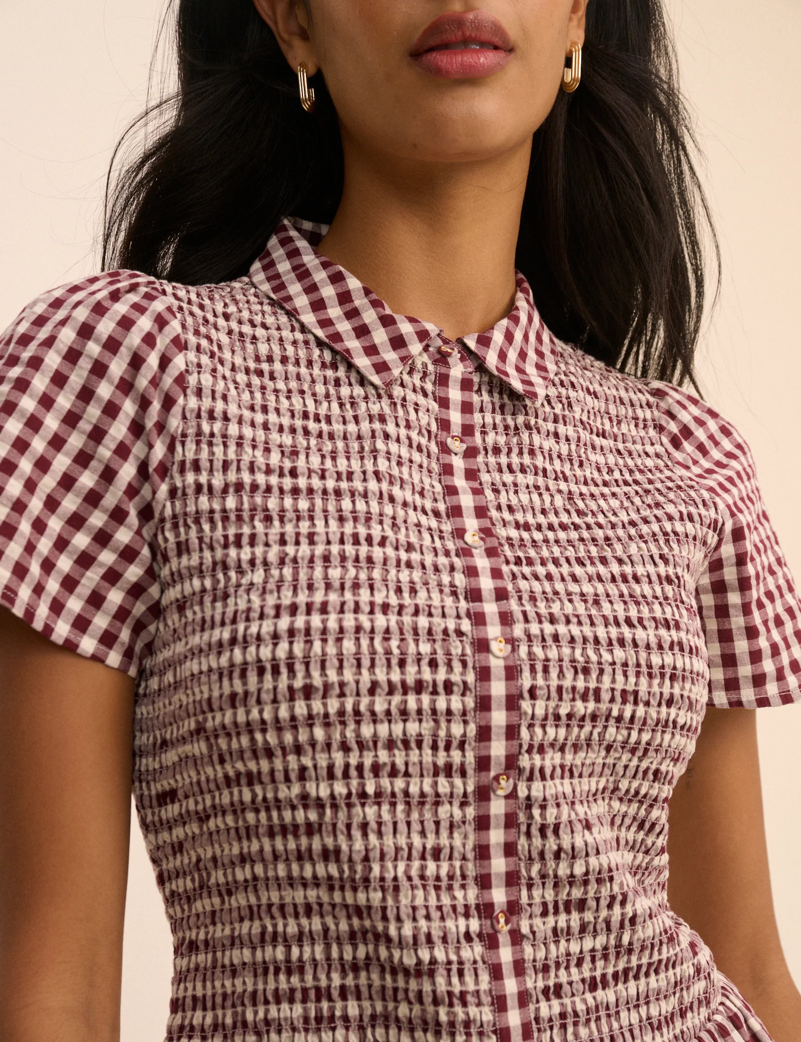 Burgundy Gingham Shirred Ioni Mini Dress - Image 3