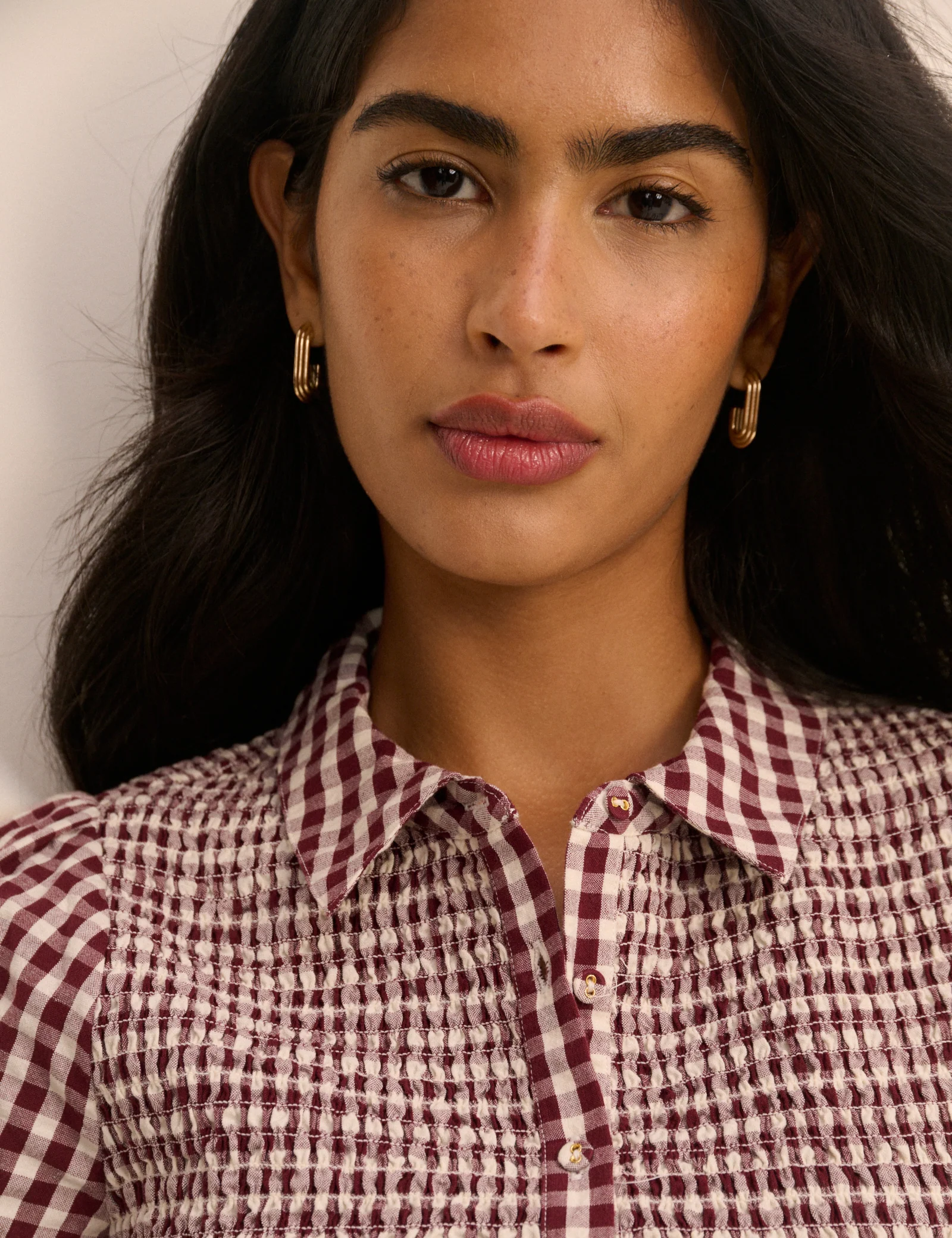 Burgundy Gingham Shirred Ioni Mini Dress - Image 5