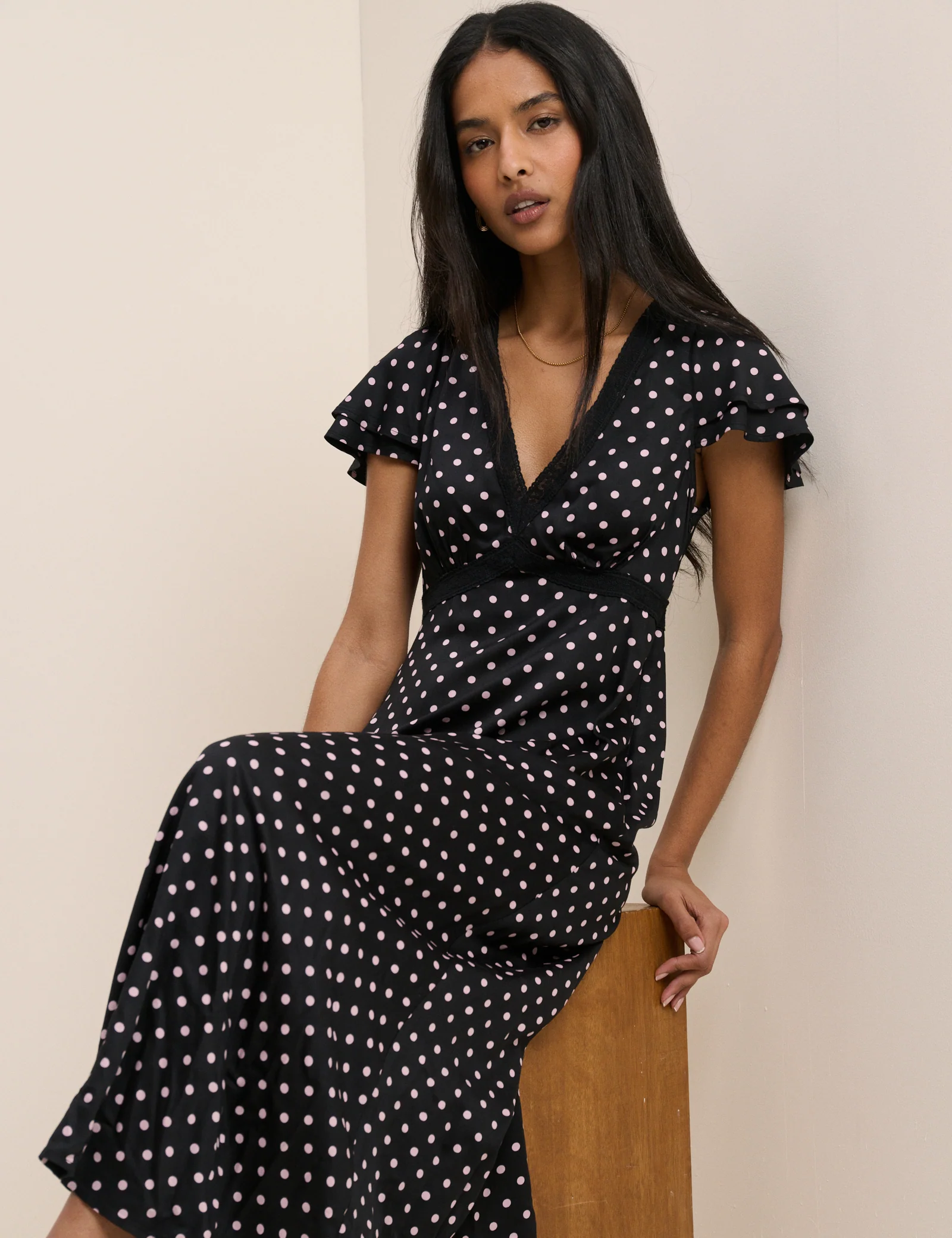 Black Polka Dot Lace Trim Iris Midi Dress