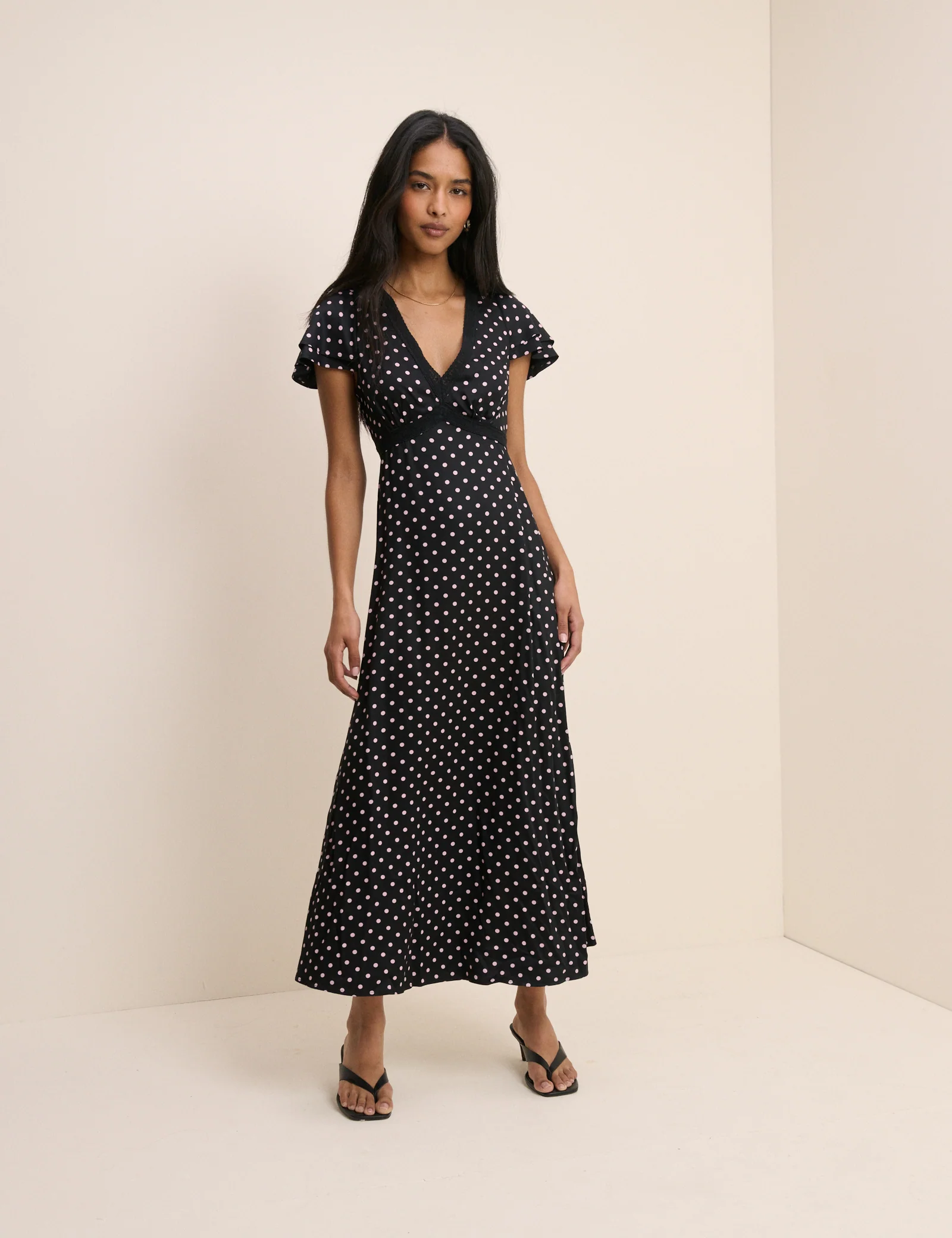 Black Polka Dot Lace Trim Iris Midi Dress - Image 2