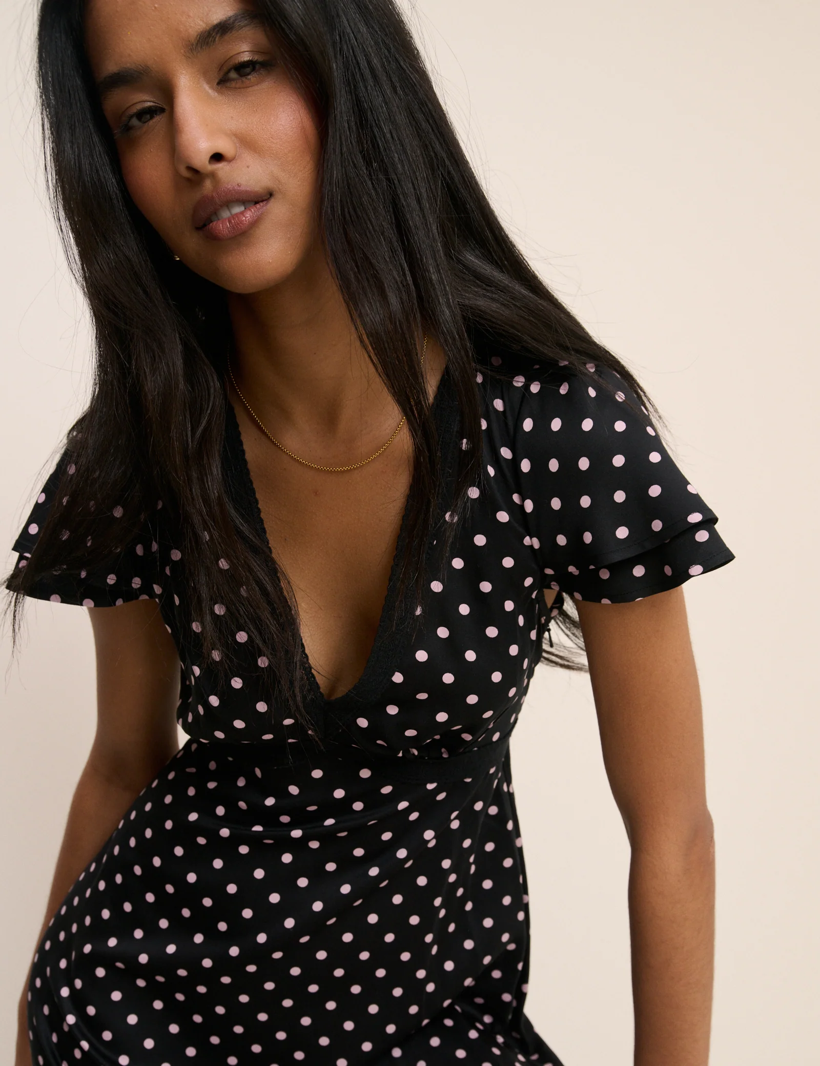 Black Polka Dot Lace Trim Iris Midi Dress - Image 3