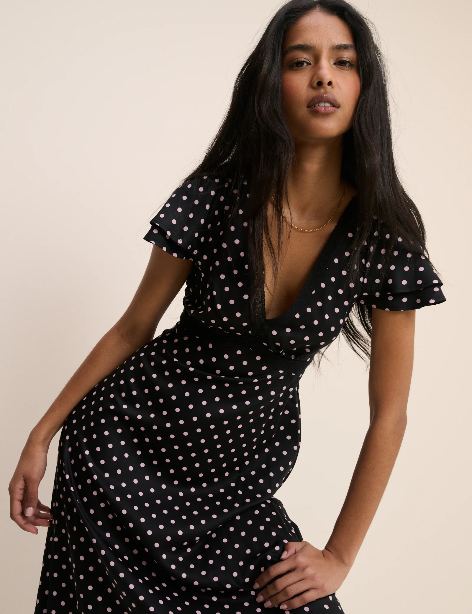 Black Polka Dot Lace Trim Iris Midi Dress - Image 5