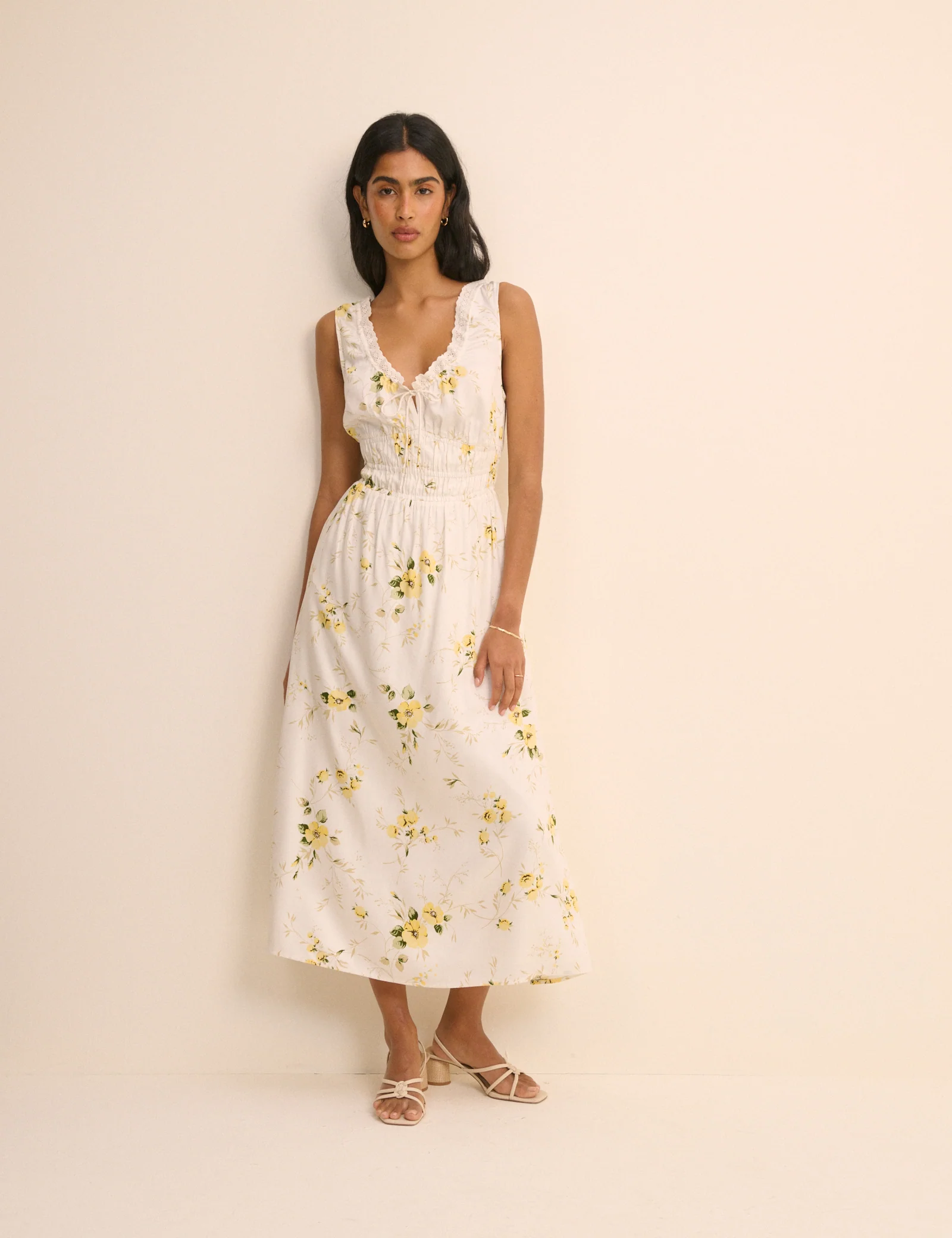 White Floral Shirred Sleeveless Isabella Midi Dress