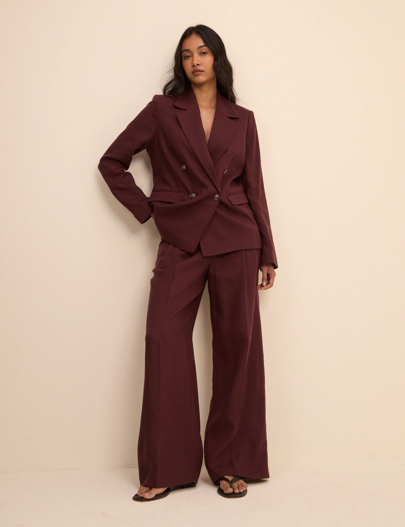 Burgundy Linen-Blend Jax Wide Leg Trousers - Image 2