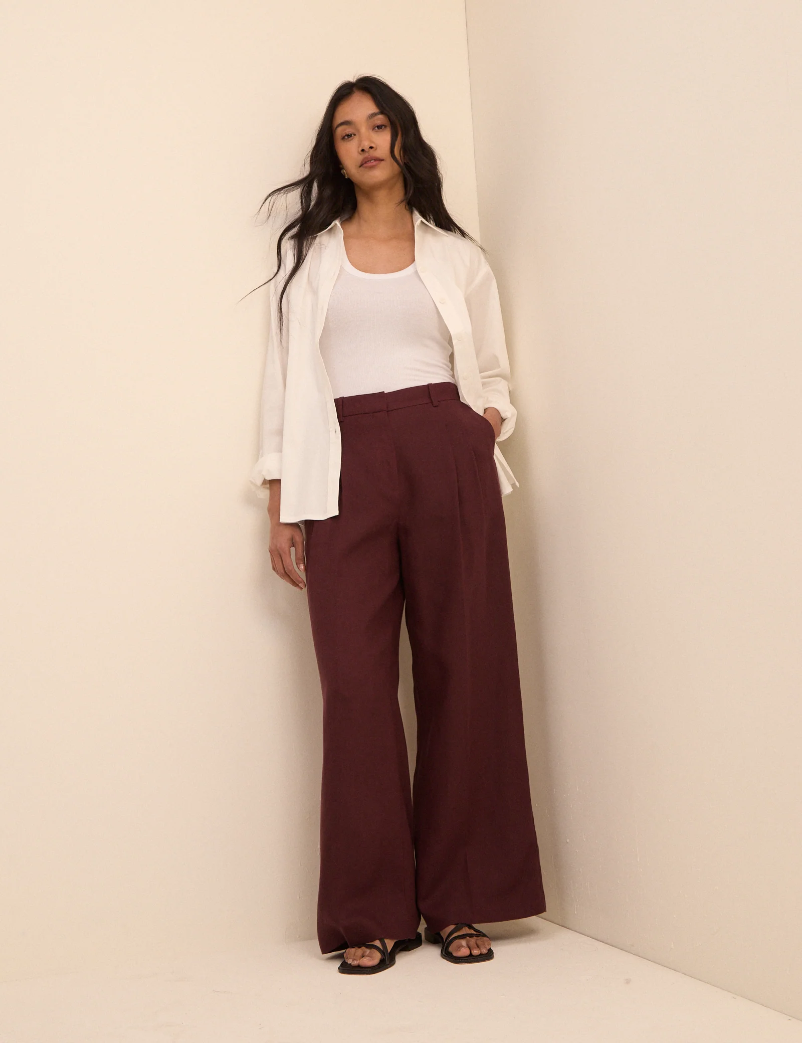 Burgundy Linen-Blend Jax Wide Leg Trousers - Image 3