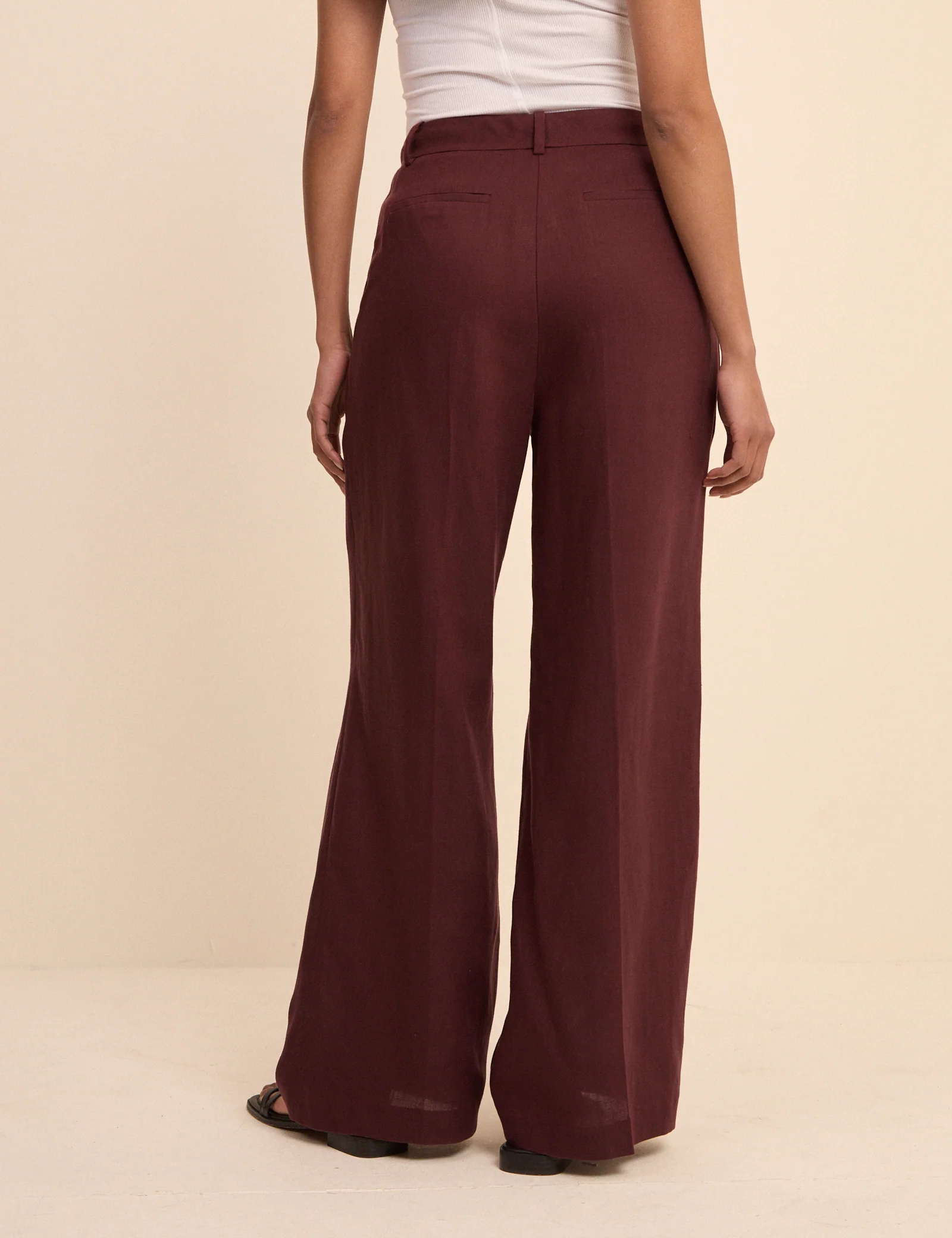 Burgundy Linen-Blend Jax Wide Leg Trousers - Image 4