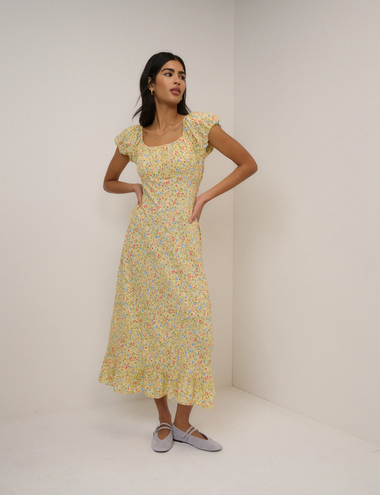 Butter Yellow Ditsy Floral Jemima Midi Dress
