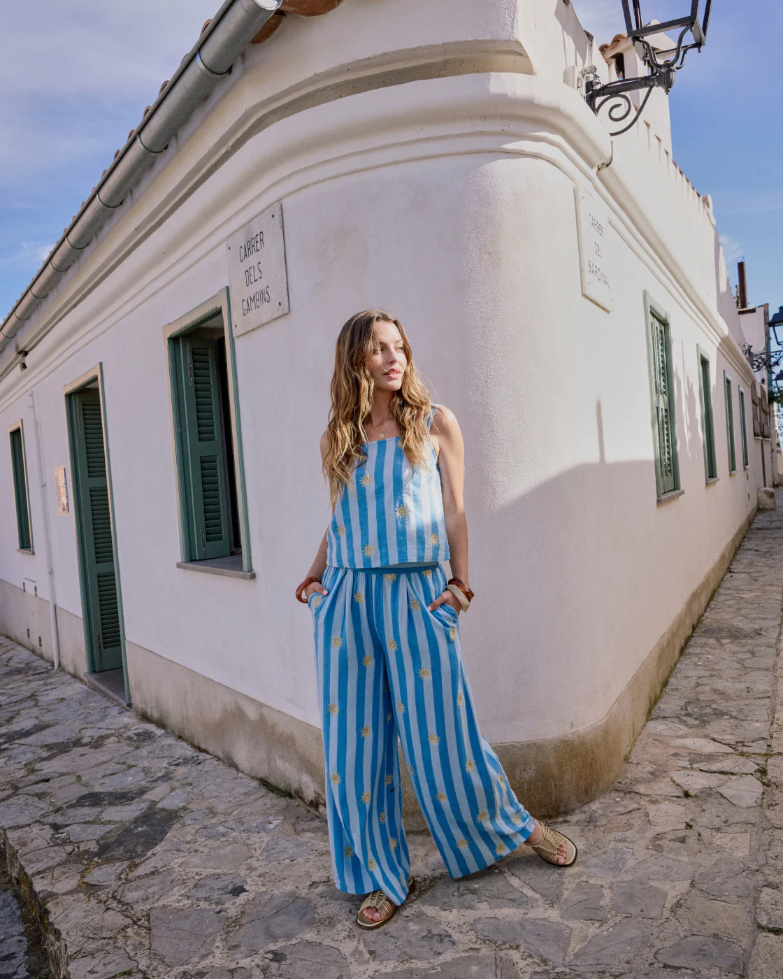Blue Striped Linen-Blend Wide Leg Trousers - Image 3