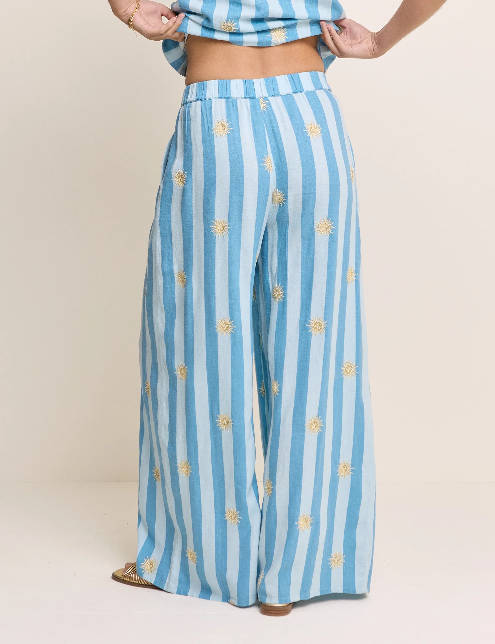 Blue Striped Linen-Blend Wide Leg Trousers - Image 5