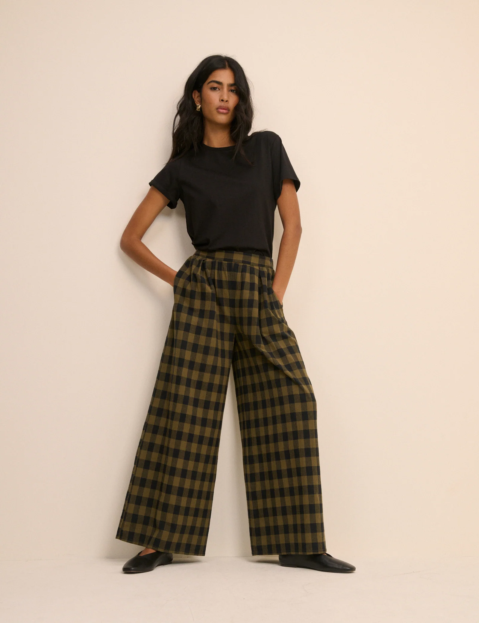 Green Check Linen-Blend Wide Leg Jerrow Trousers - Image 3