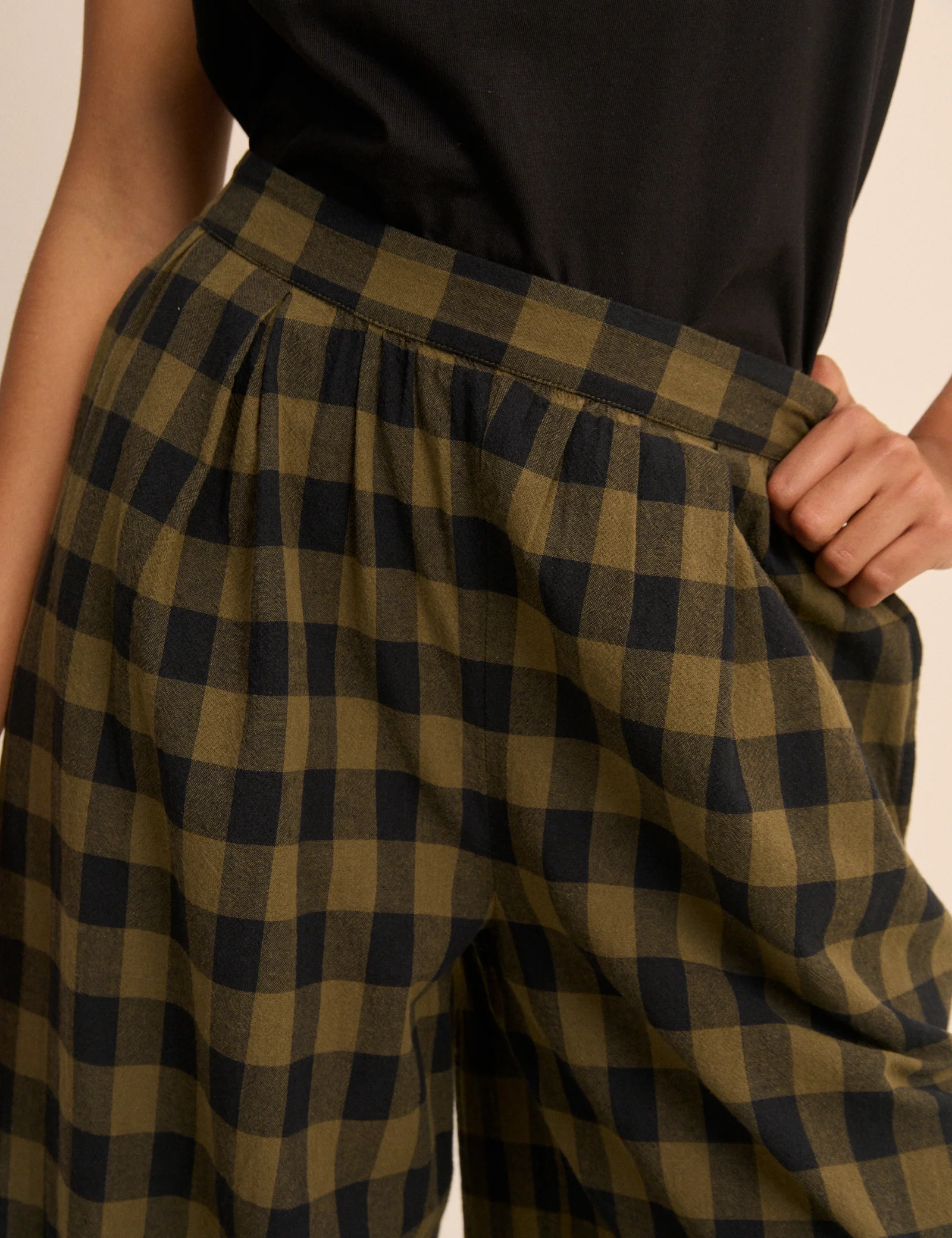 Green Check Linen-Blend Wide Leg Jerrow Trousers - Image 4