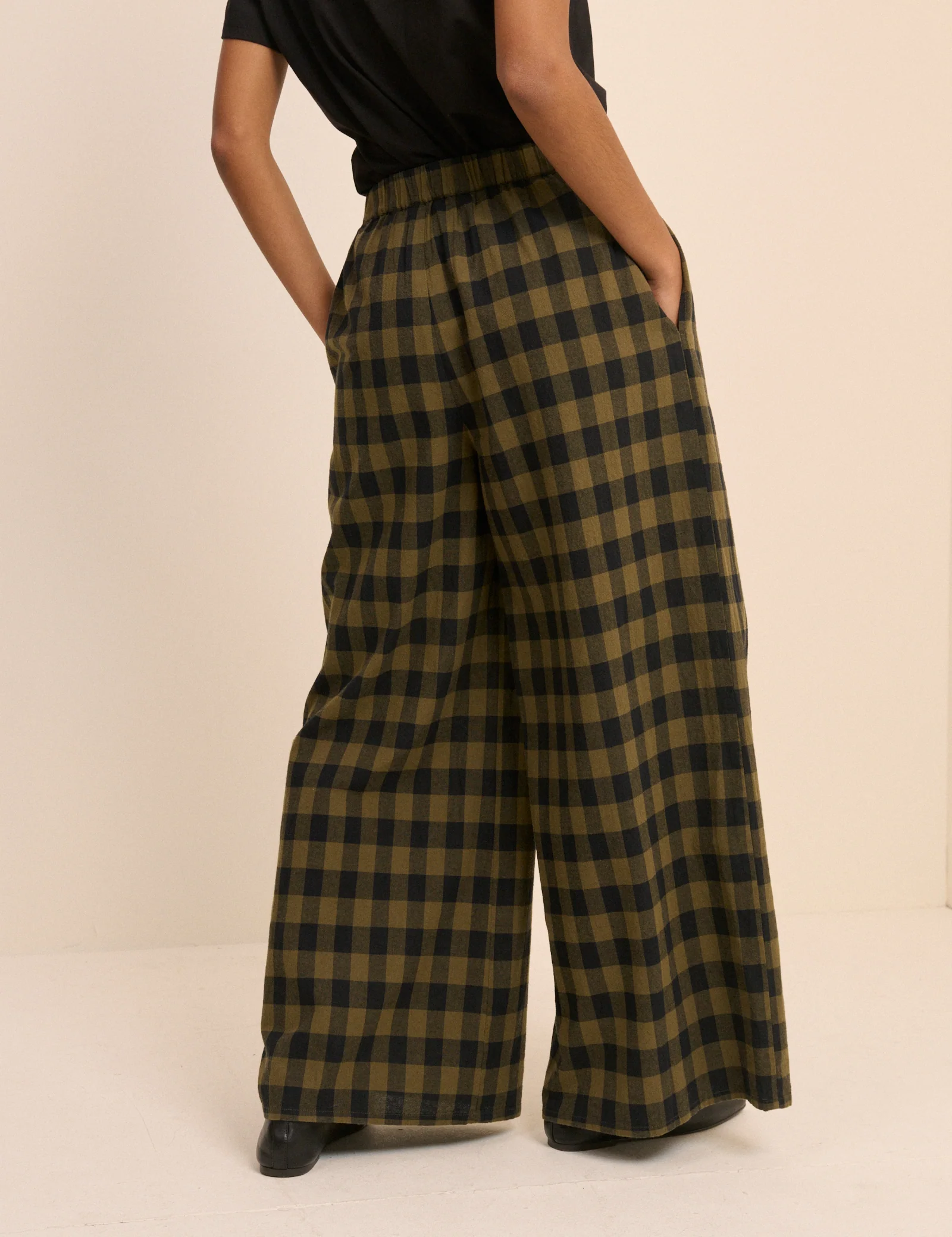 Green Check Linen-Blend Wide Leg Jerrow Trousers - Image 5