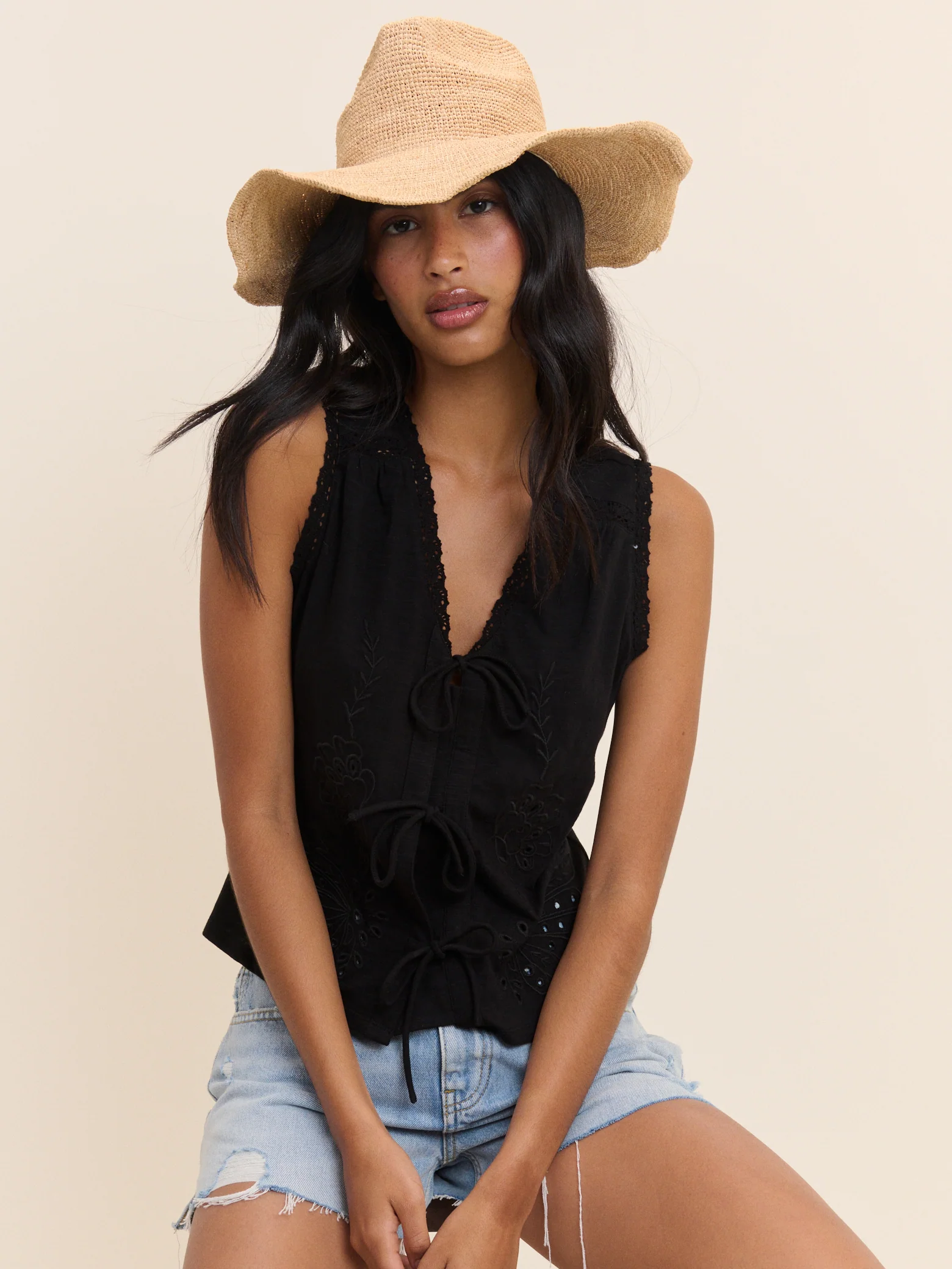Black Embroidered Tie Front Top - Image 2