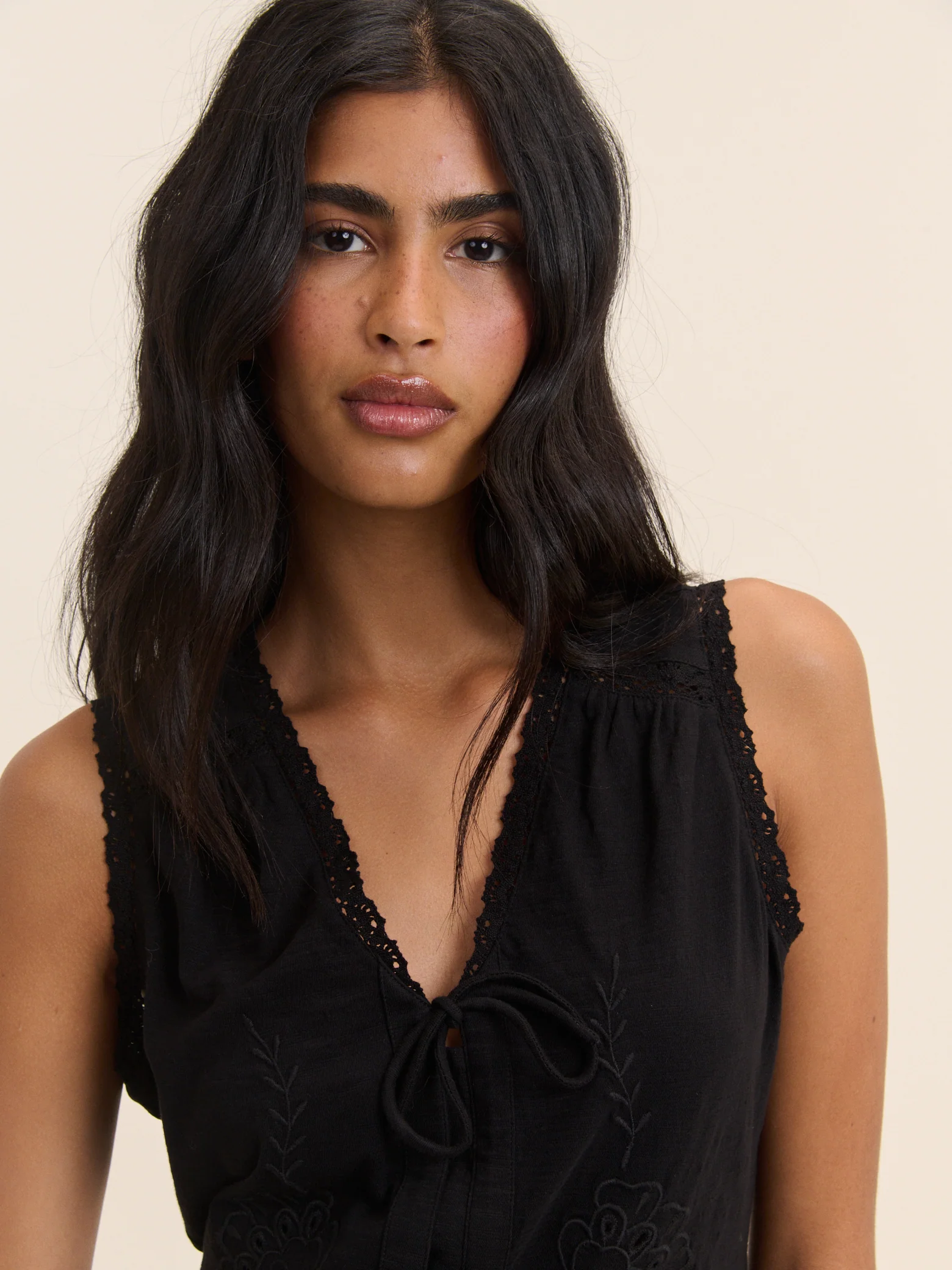 Black Embroidered Tie Front Top - Image 3