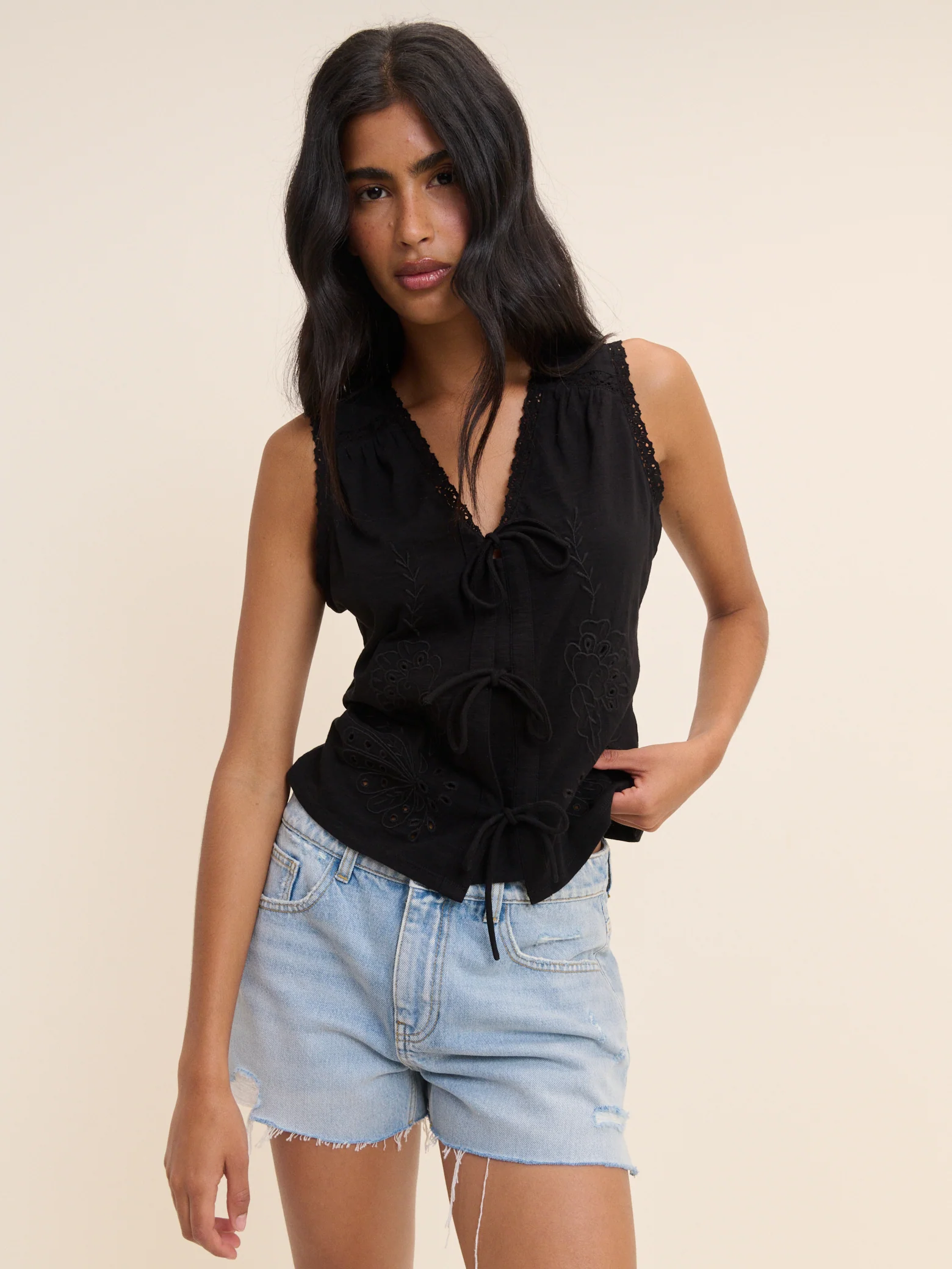 Black Embroidered Tie Front Top - Image 4