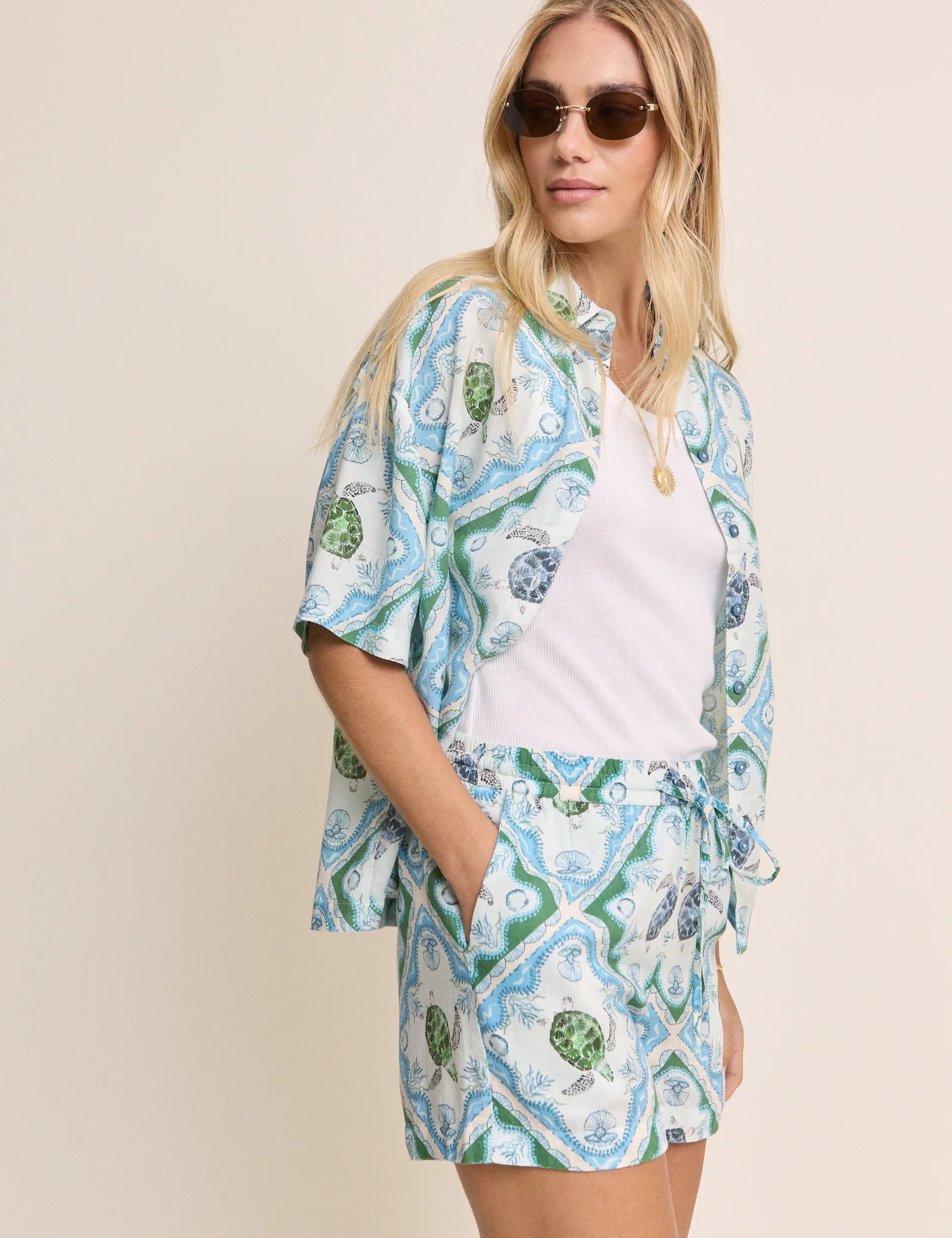 Blue Ocean Printed Drawstring Linen-Blend Shorts - Image 4