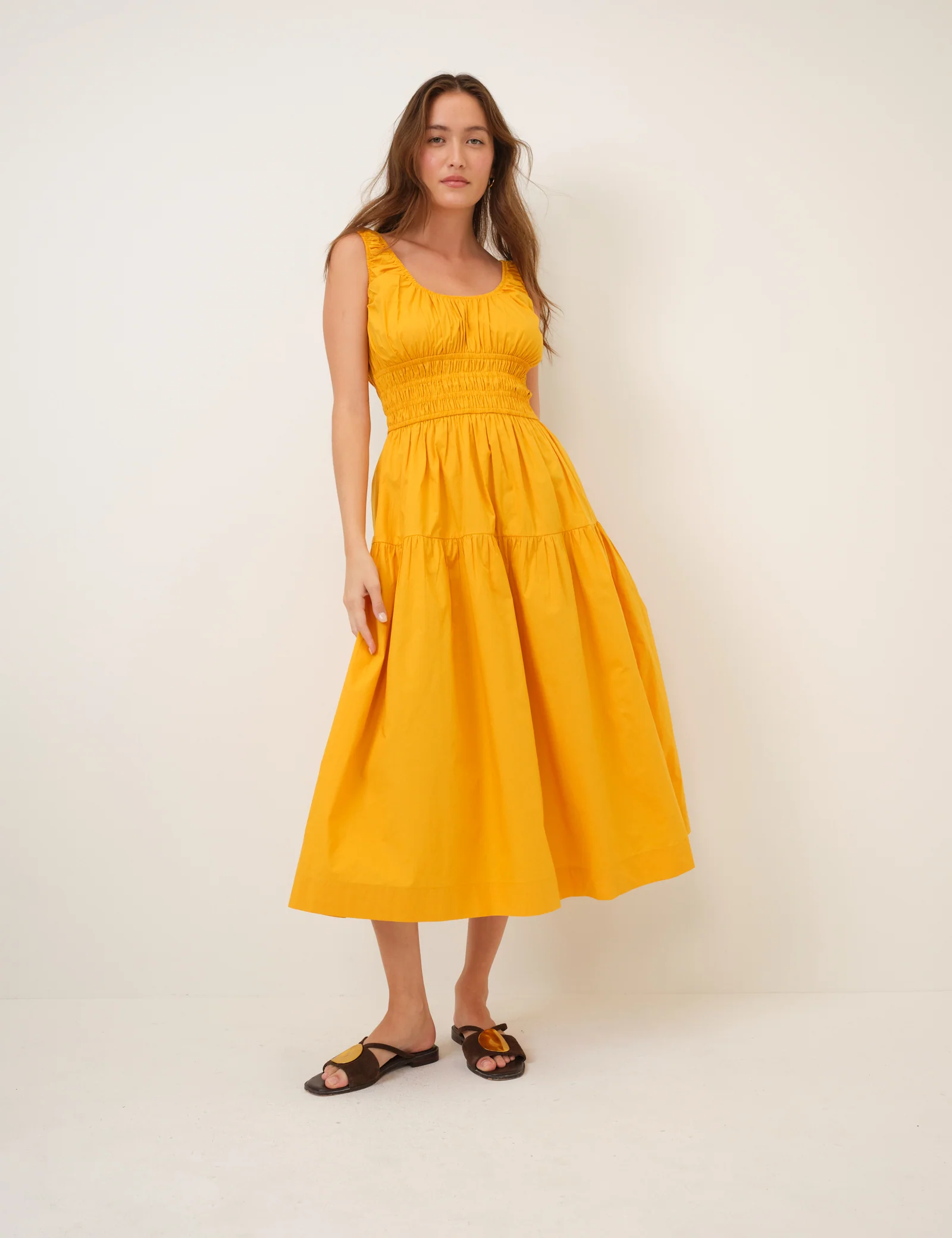 Yellow Shirred Scoop Neck Juliette Midi Dress - Image 3