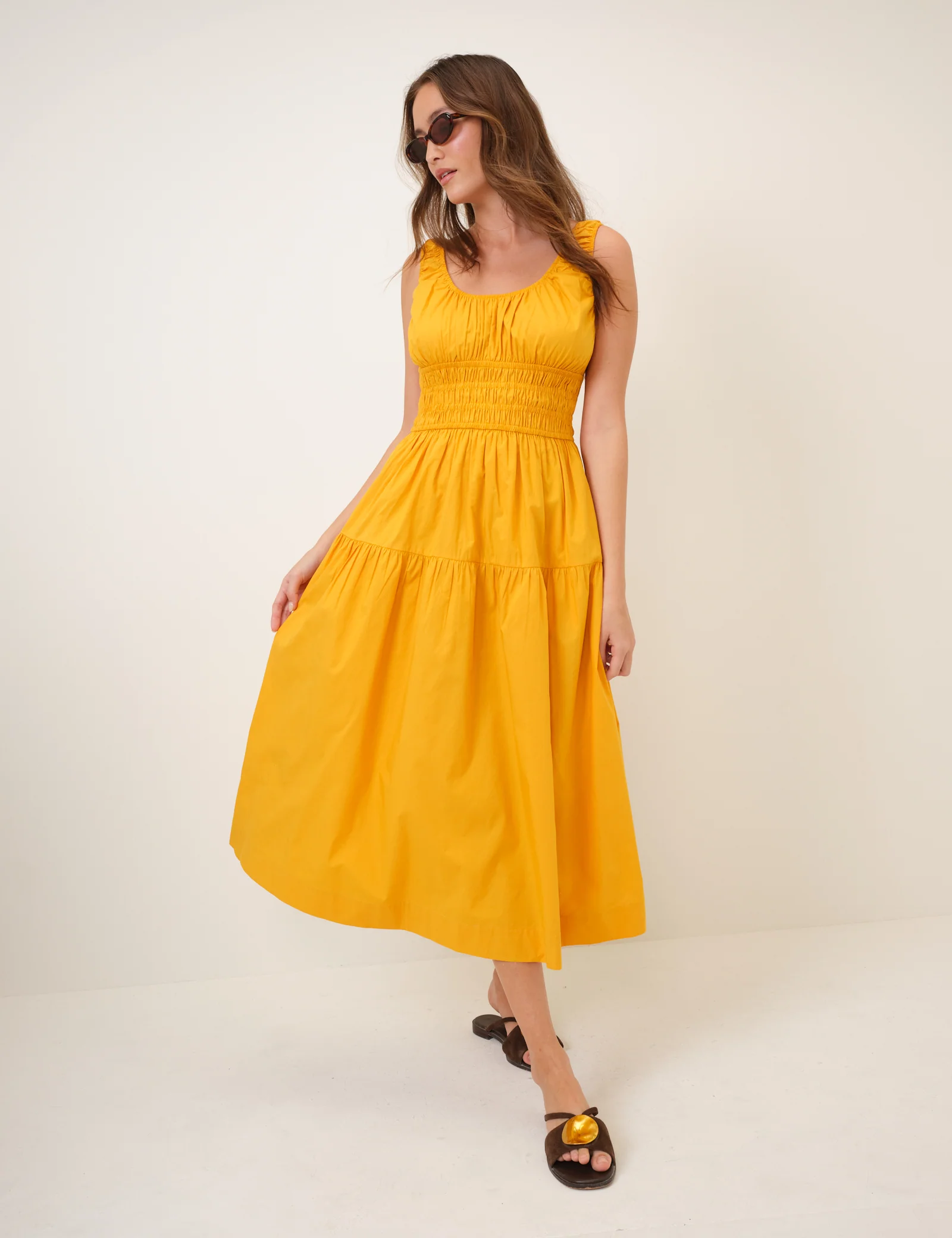Yellow Shirred Scoop Neck Juliette Midi Dress - Image 4