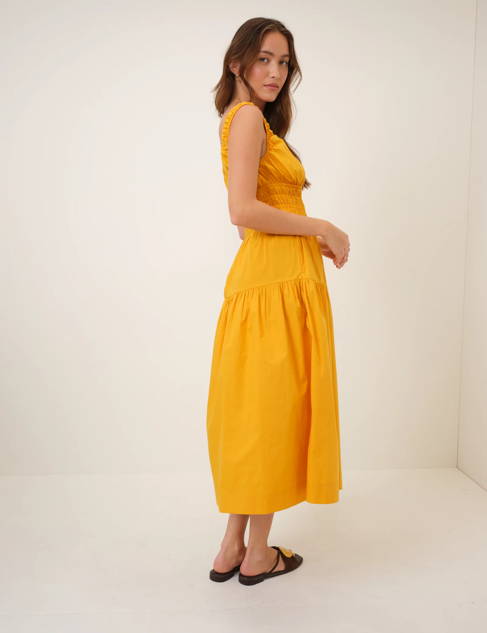 Yellow Shirred Scoop Neck Juliette Midi Dress - Image 5