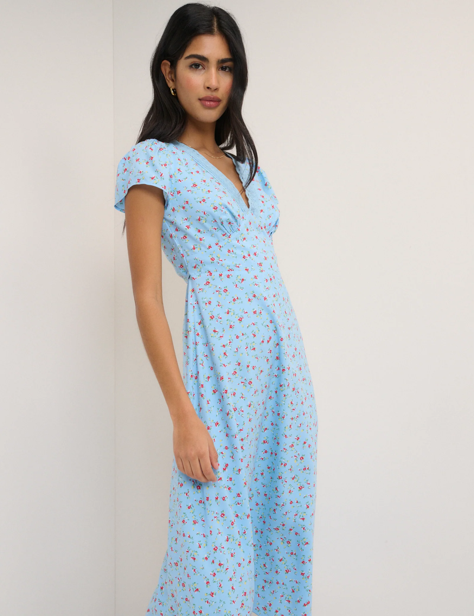 Blue Floral Lace Trim Kacey Midi Dress - Image 4