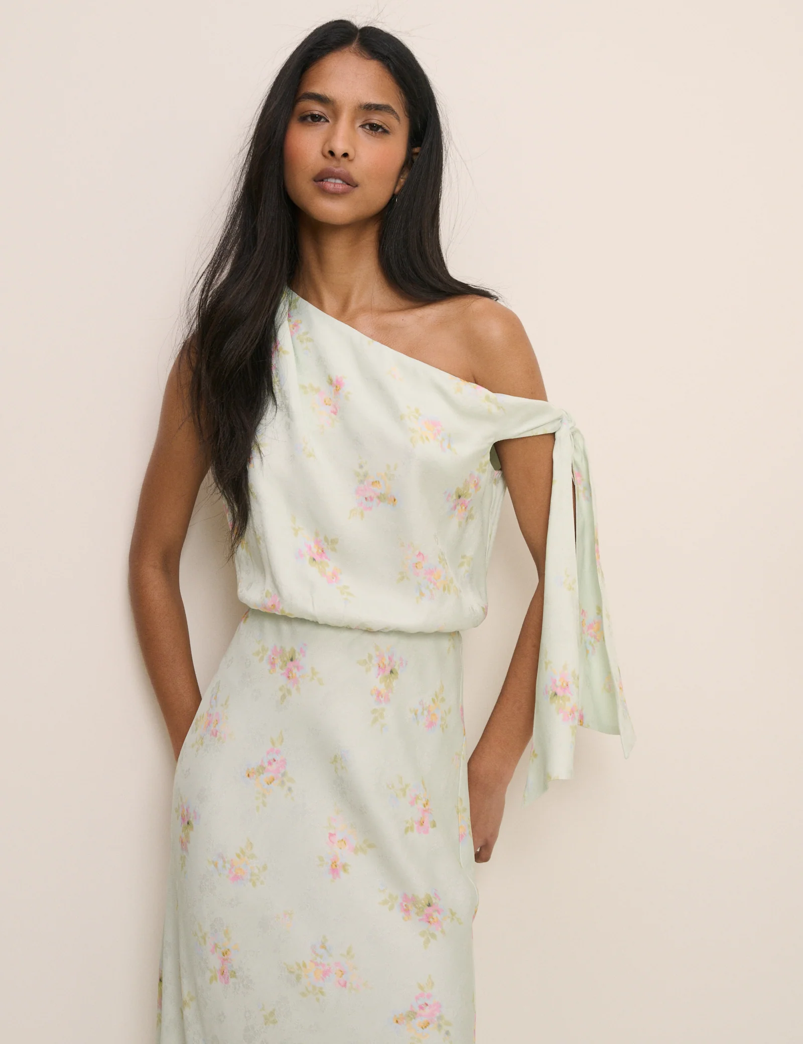 Mint Blue Floral Kavita Satin Midi Dress - Image 2