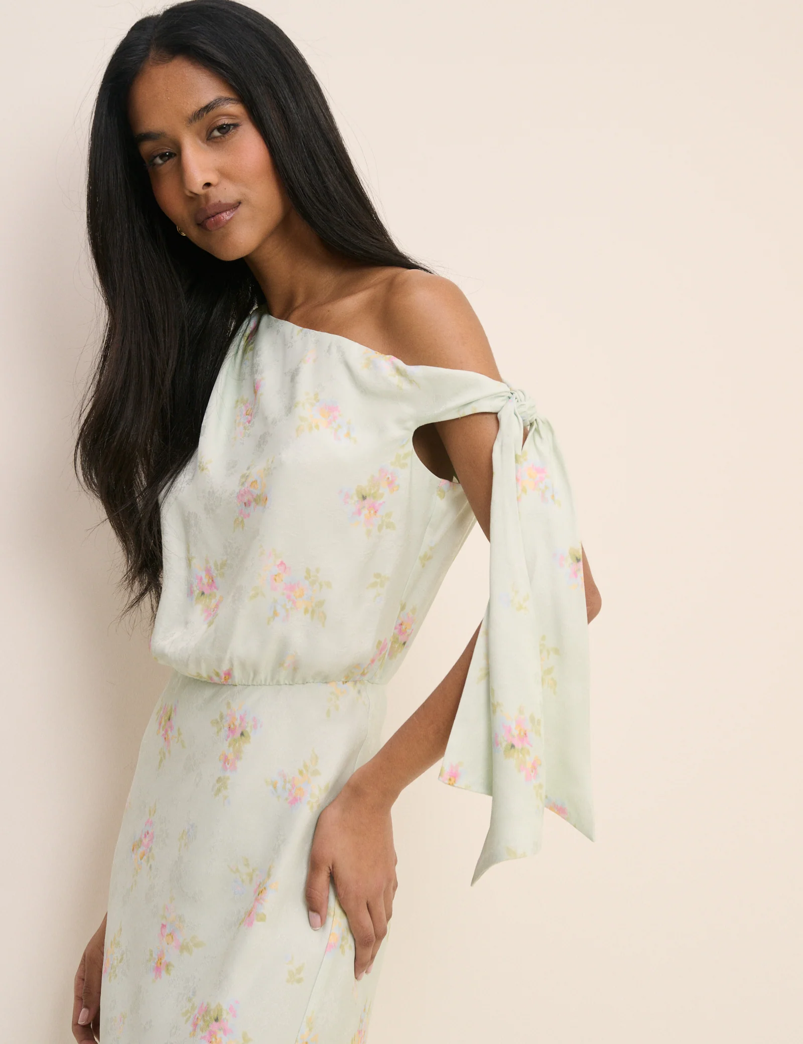 Mint Blue Floral Kavita Satin Midi Dress - Image 4