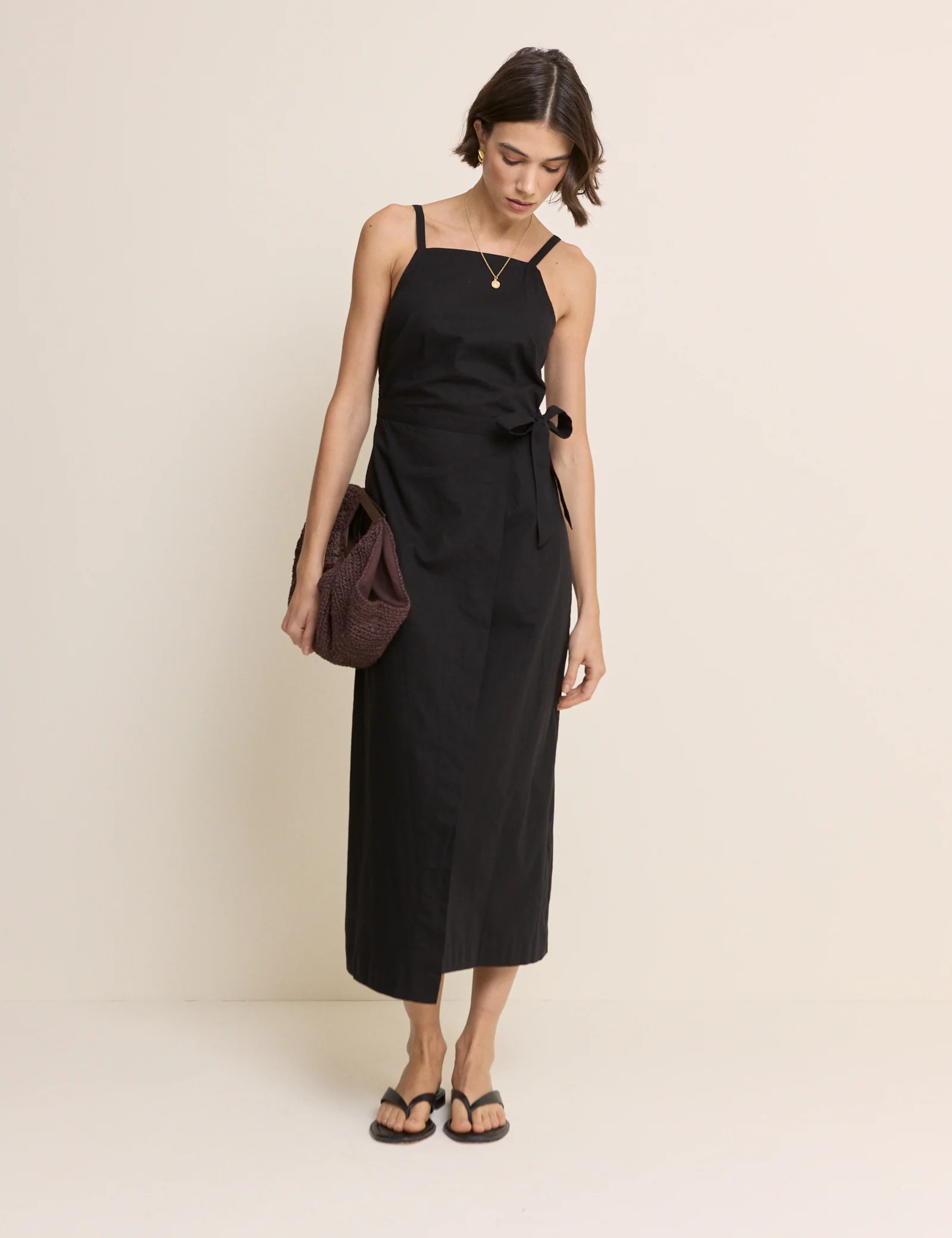 Black Square Neck Wrap Kourtney Midi Dress