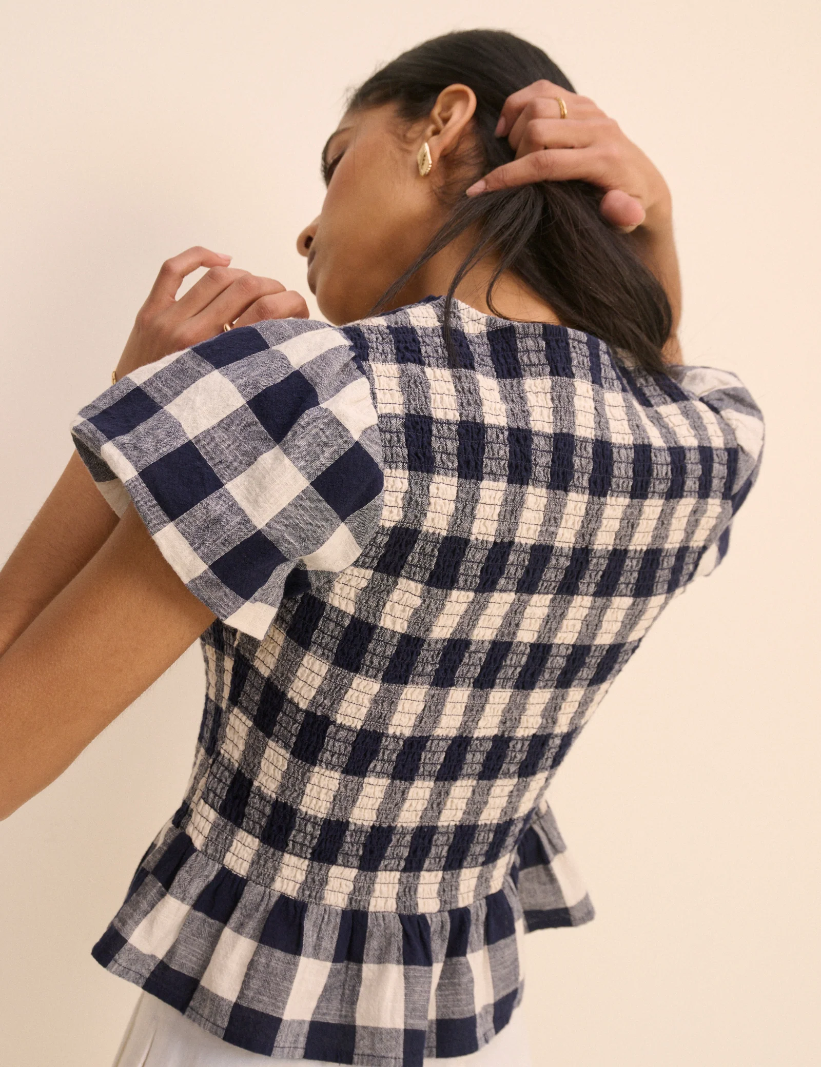 Navy Gingham Puff Sleeve Blouse - Image 5