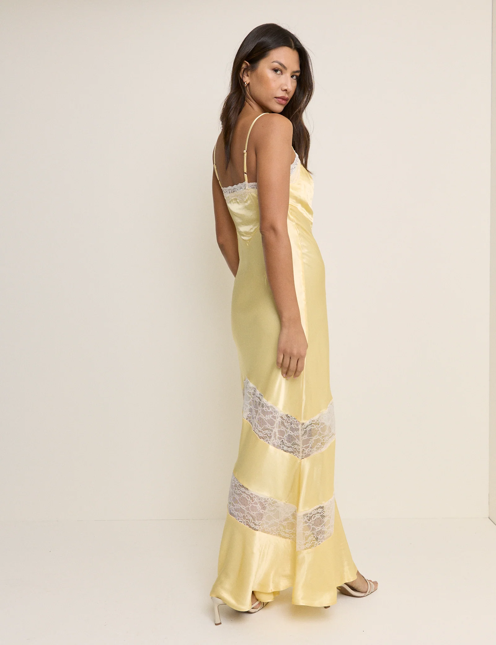 Yellow Lace Trim Satin Lauren Maxi Dress - Image 5