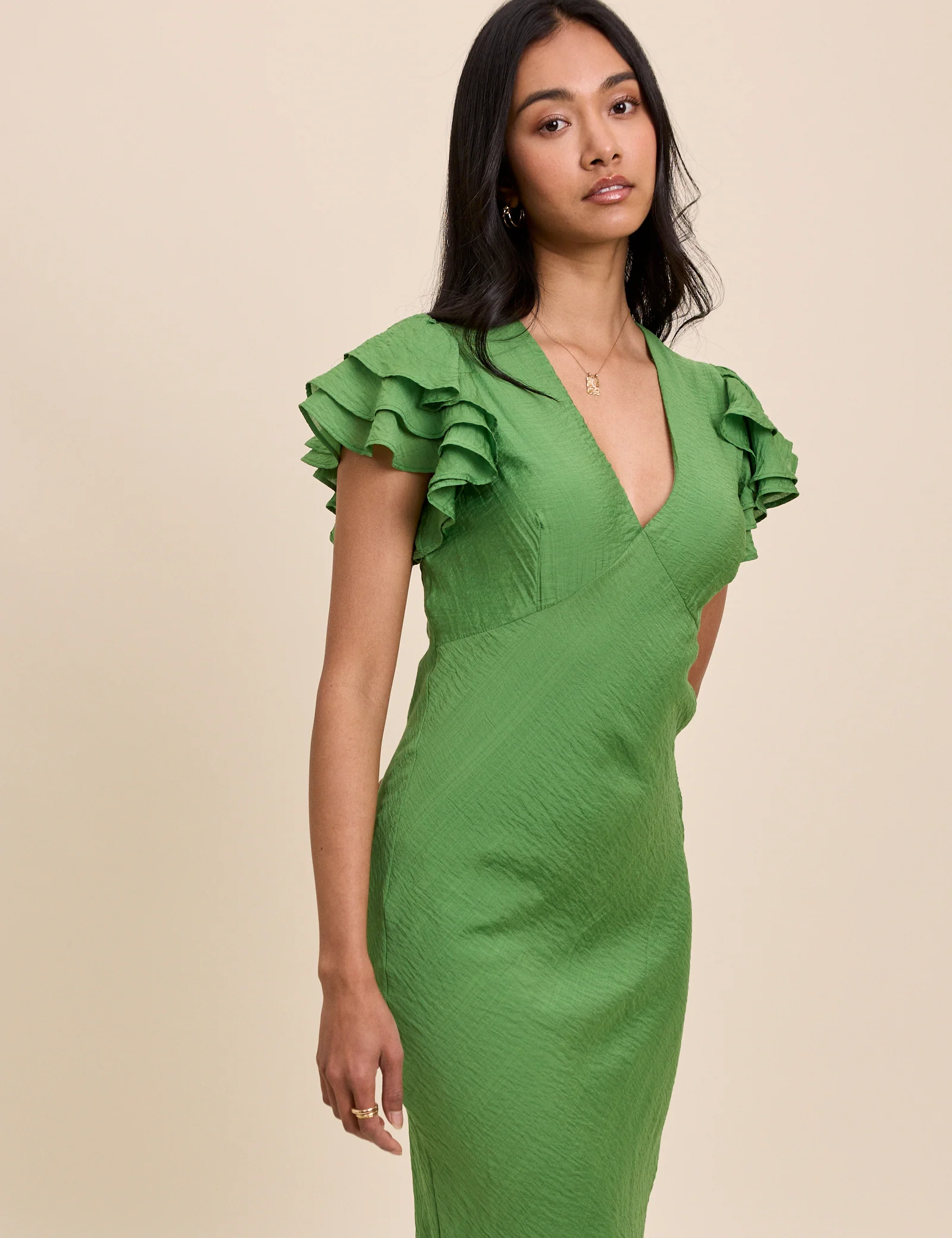 Green Frill Sleeve Layla Midi Dress - Image 2