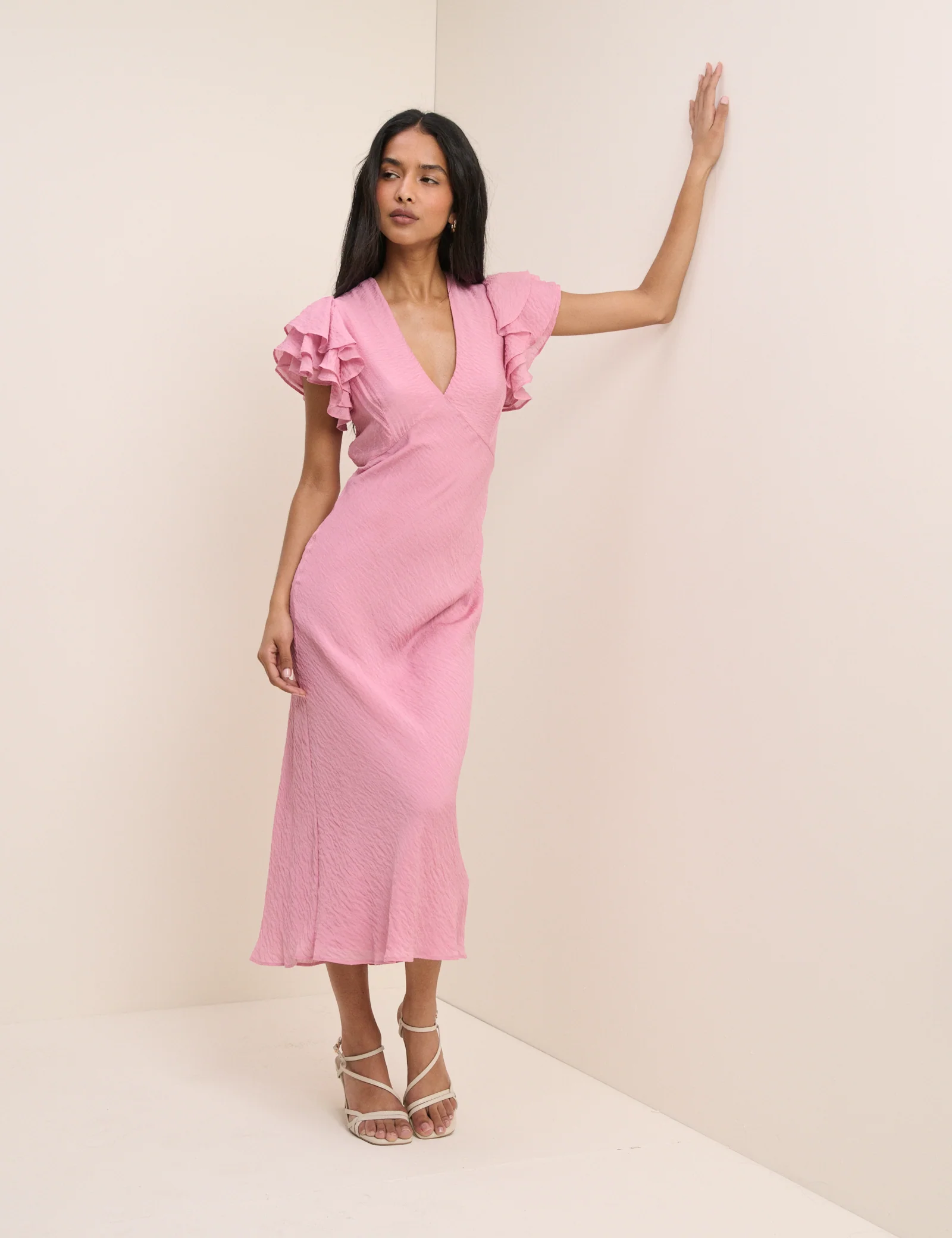 Pink Frill Sleeve Layla Midi Dress