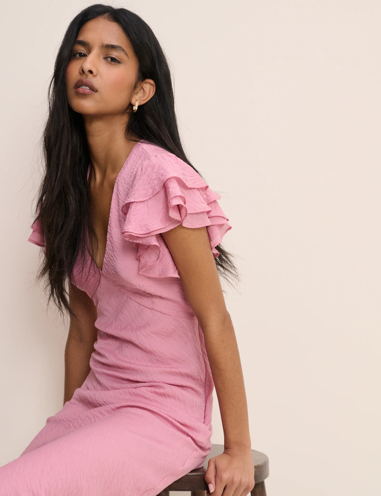 Pink Frill Sleeve Layla Midi Dress - Image 2