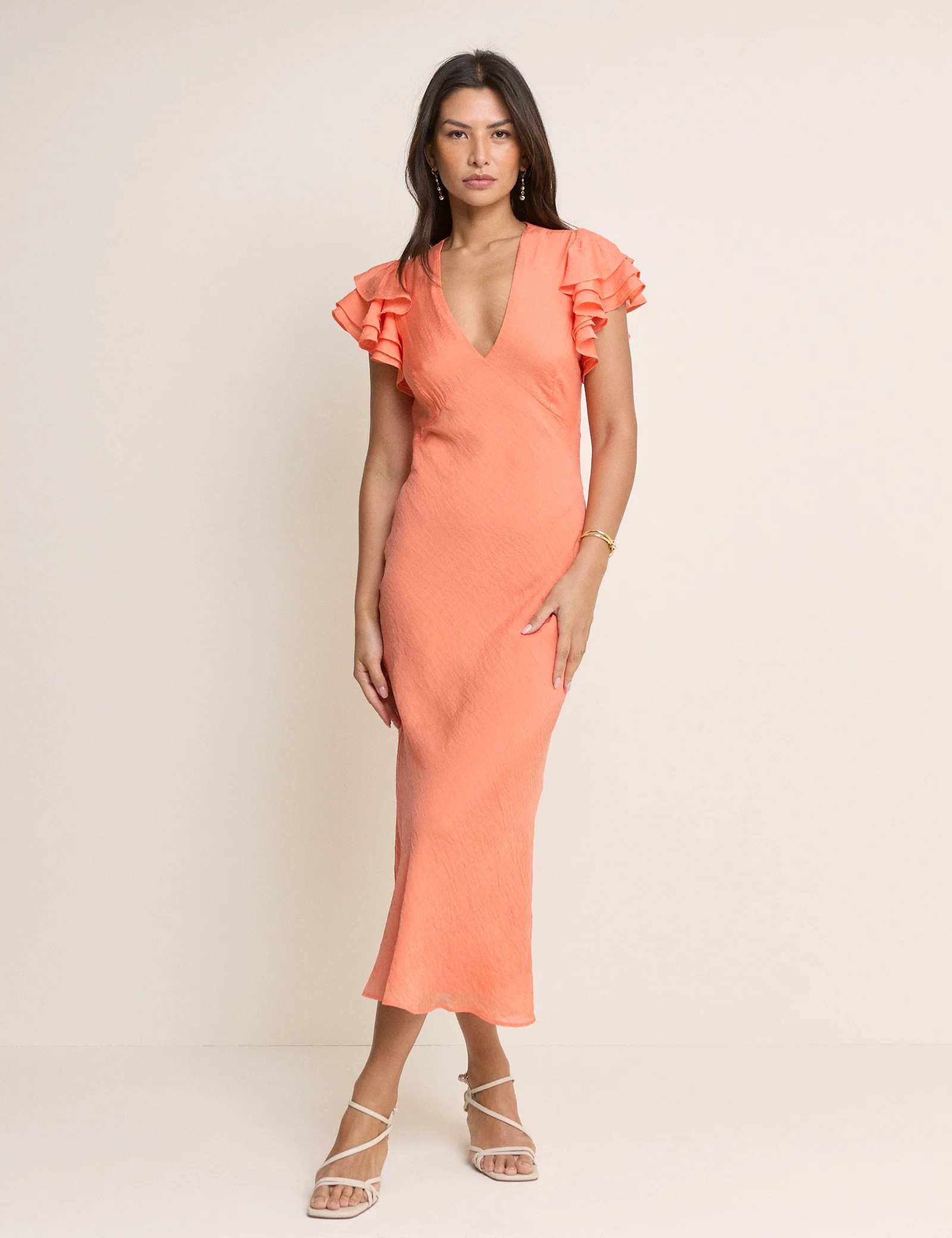 Coral Frill Sleeve Layla Midi Dress