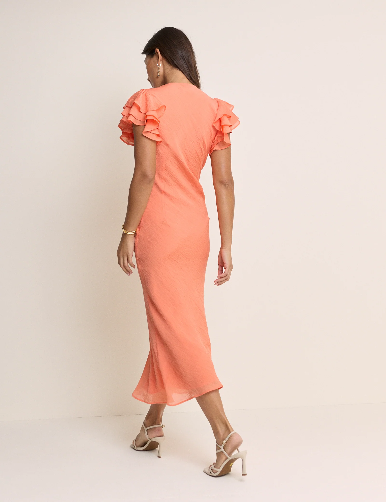 Coral Frill Sleeve Layla Midi Dress - Image 5