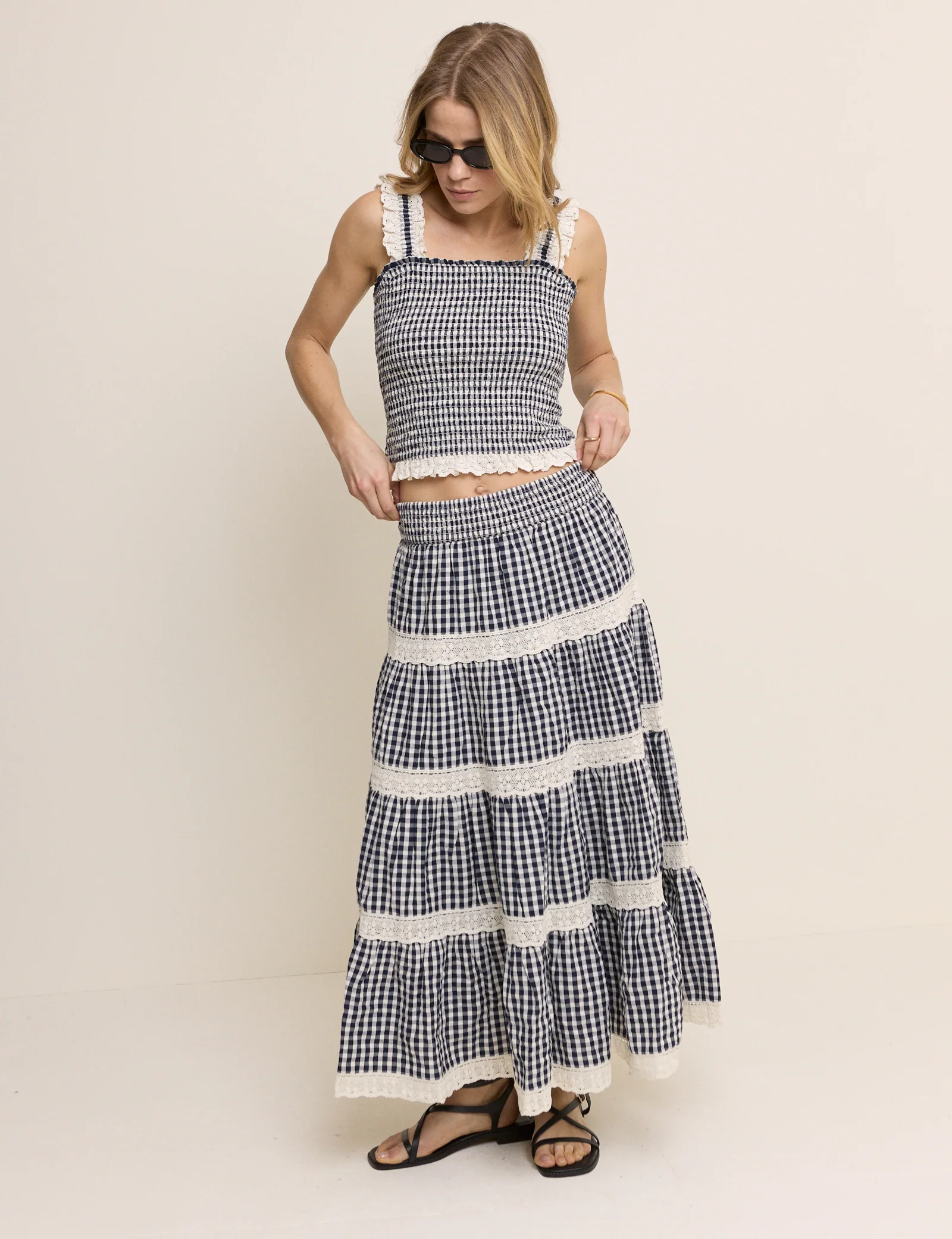 Navy Gingham Shirred Tiered Leonor Maxi Skirt - Image 2