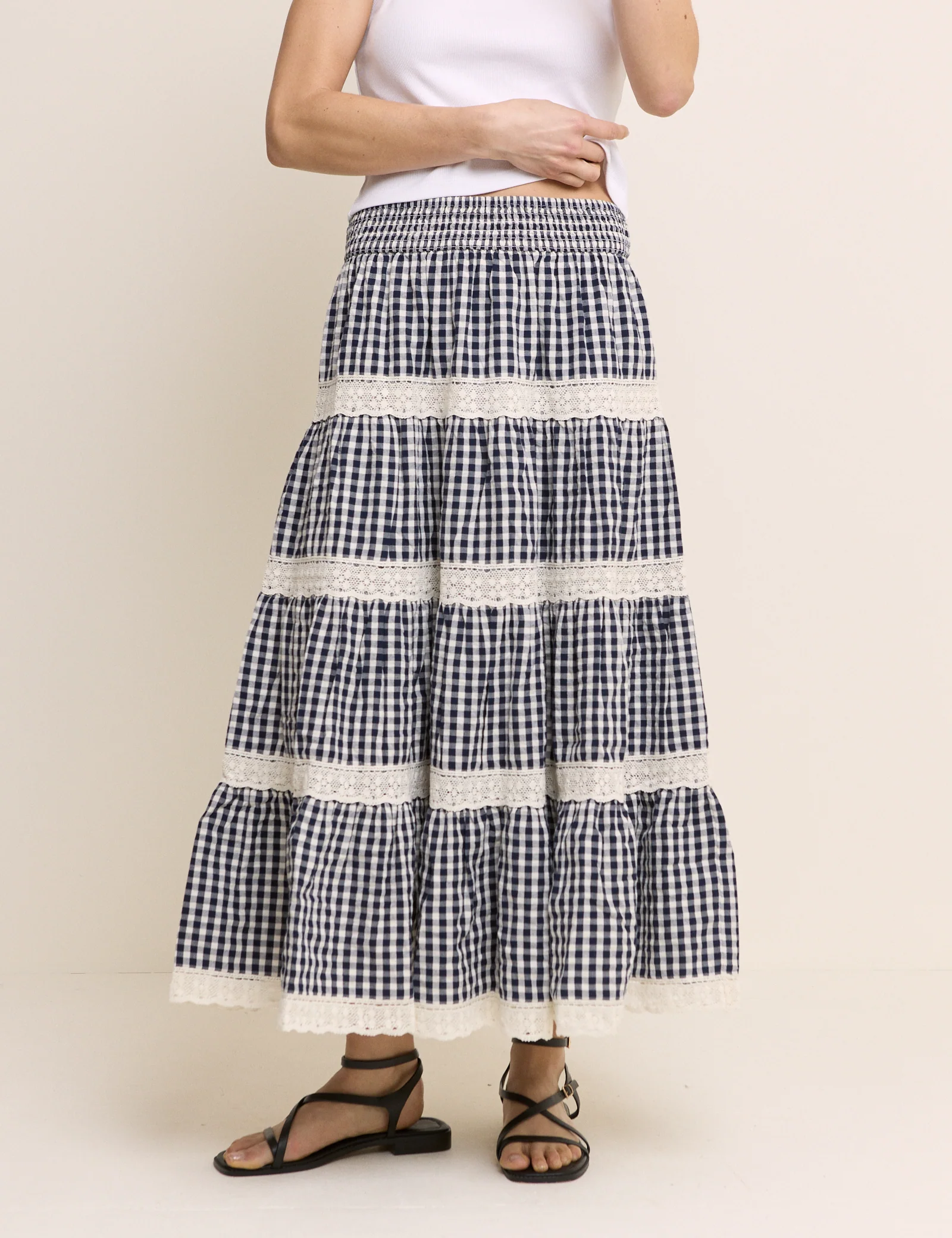 Navy Gingham Shirred Tiered Leonor Maxi Skirt - Image 5
