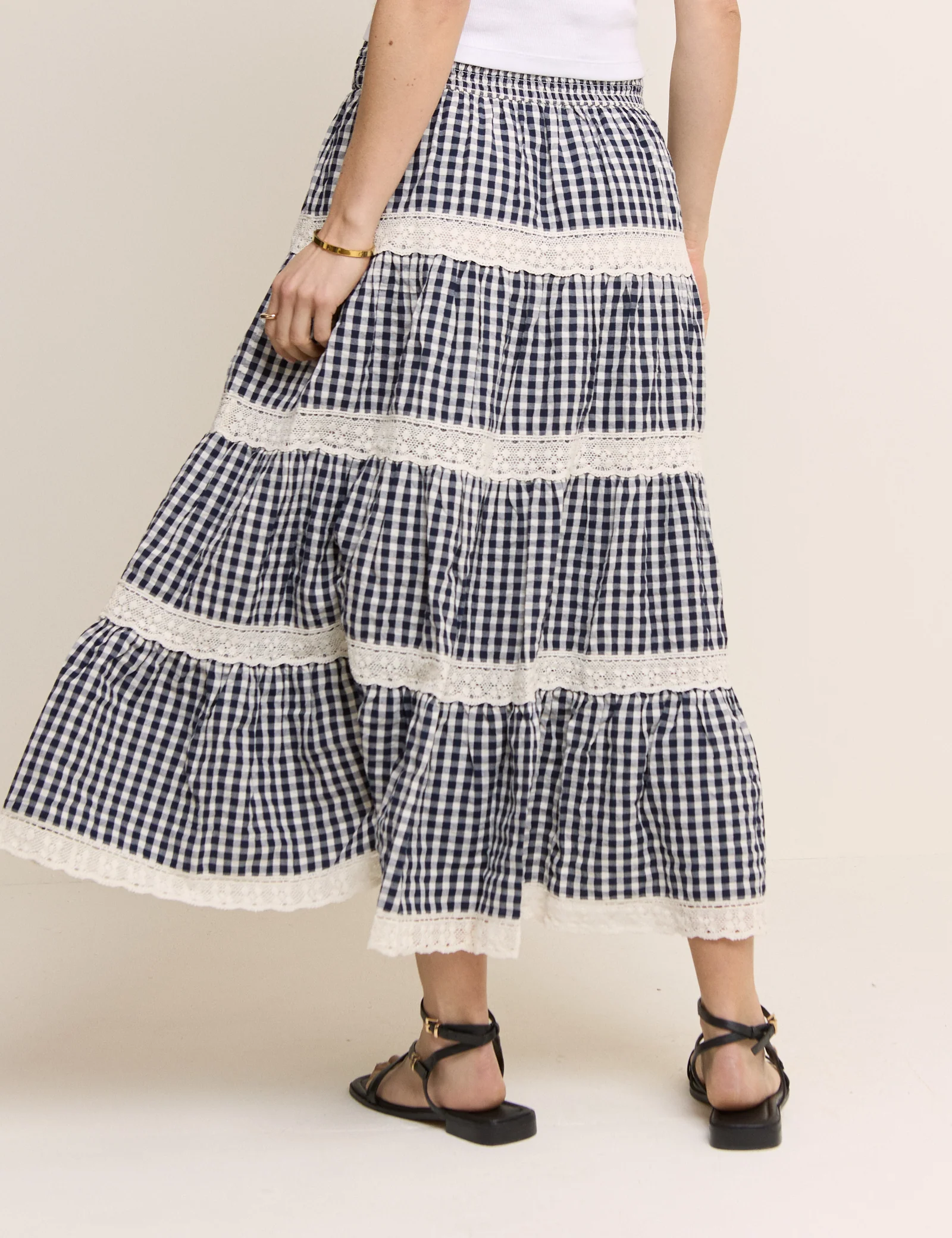 Navy Gingham Shirred Tiered Leonor Maxi Skirt - Image 6