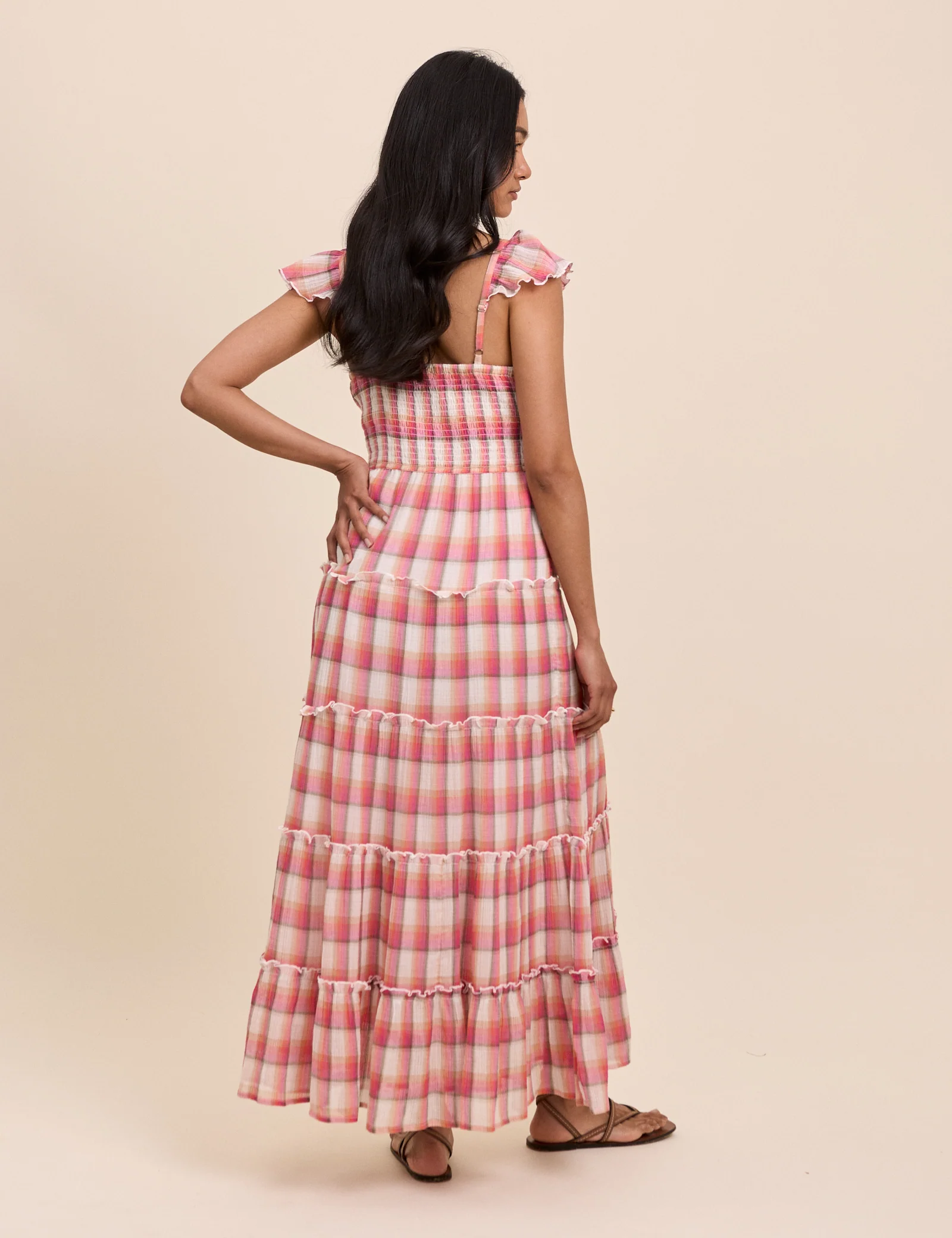 Red Check Ruffle Trim Tiered Levi Maxi Dress - Image 5